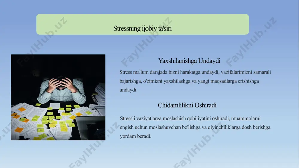 llab-quvvatlashi stressga qarshi kurashishda katta yordam beradi. 7 mutaxassislarga murojaat qilish 1 psixolog psixolog stressni boshqarish va psixologik muammolarni hal qilishda professional yordam beradi. 2 psixoterapevt psixoterapevt stressni keltirib chiqaruvchi sabablarni aniqlashda va ularni bartaraf etishda yordam beradi. 8 stressni yengish strategiyalari nafas olish mashqlari chuqur nafas olish stressni kamaytirishga va tinchlanishga yordam beradi. meditatsiya meditatsiya stressni kamaytirish, aqliy tinchlik va xotirjamlikni topishga yordam beradi. yoga yoga tana va aqlning uyg'unligini ta'minlash, stressni kamaytirishga yordam beradi. 9 xulosa stress - bu hayotning bir qismi, ammo uni boshqarish mumkin. sog'lom turmush tarzi, ijtimoiy qo'llab-quvvatlash va o'z-o'ziga yordam ko'rsatish usullarini qo'llash orqali stressni kamaytirish mumkin. 10 e’tiboringiz uchun rahmat! image1.png image2.png image3.png image4.png image5.png image6.png image7.png image8.png image9.jpeg image10.png image11.png image12.png image13.png image14.jpeg /docprops/thumbnail.jpeg