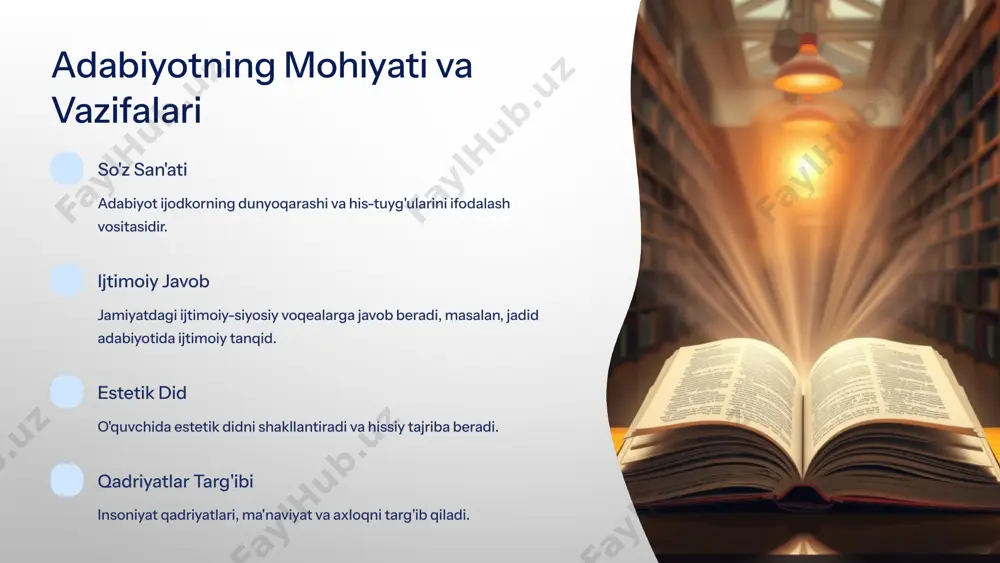 r ko'rsatadi. 5 badiiy tahlil elementlari (2-qism) mavzu va g'oya asarda ko'tarilgan asosiy muammo va muallifning unga munosabati. g'oya asarning maqsadi. ramziylik asardagi belgilar, obrazlar orqali yashirin ma'nolarni topish. "hovlidagi daraxt"dagi daraxt ramzi. badiiy til va uslub muallifning yozish tarzi, jumlalar tuzilishi, leksik tanlov. shodiqul hamroning tili sodda va ramziy. psixologizm qahramonlar ichki dunyosini, his-tuyg'ularini chuqur ochib berish. 6 shodiqul hamro: zamonaviy o'zbek adabiyotida o'rni shodiqul hamro 1965-yil qashqadaryo viloyatida tug'ilgan. o'zbekiston yozuvchilar uyushmasi a'zosi. asosiy mavzular inson ruhiyati, tabiatga muhabbat, xotira, milliy qadriyatlar. mashhur asarlari “muazzam", “qaqnus qanotidagi umr", “suratdagi ayol", “hovlidagi daraxt" kabi asarlari bilan tanilgan. uslubi nasriy uslubi teran psixologizm va ramziy tasvirlar bilan ajralib turadi. 7 "hovlidagi daraxt": asarning umumiy sharhi hikoya janr: hikoya (yoki kichik qissa) bog'liqlik asosiy g'oya: inson va tabiatning uzviy bog'liqligi. xotira xotiraning ahamiyati, o'tmishga hurmat. daraxt voqealar markazida bir insonning daraxt bilan munosabati. hayot daraxt: hayot, o'sish, ildizlar, avlodlar davomiyligi ramzi. …