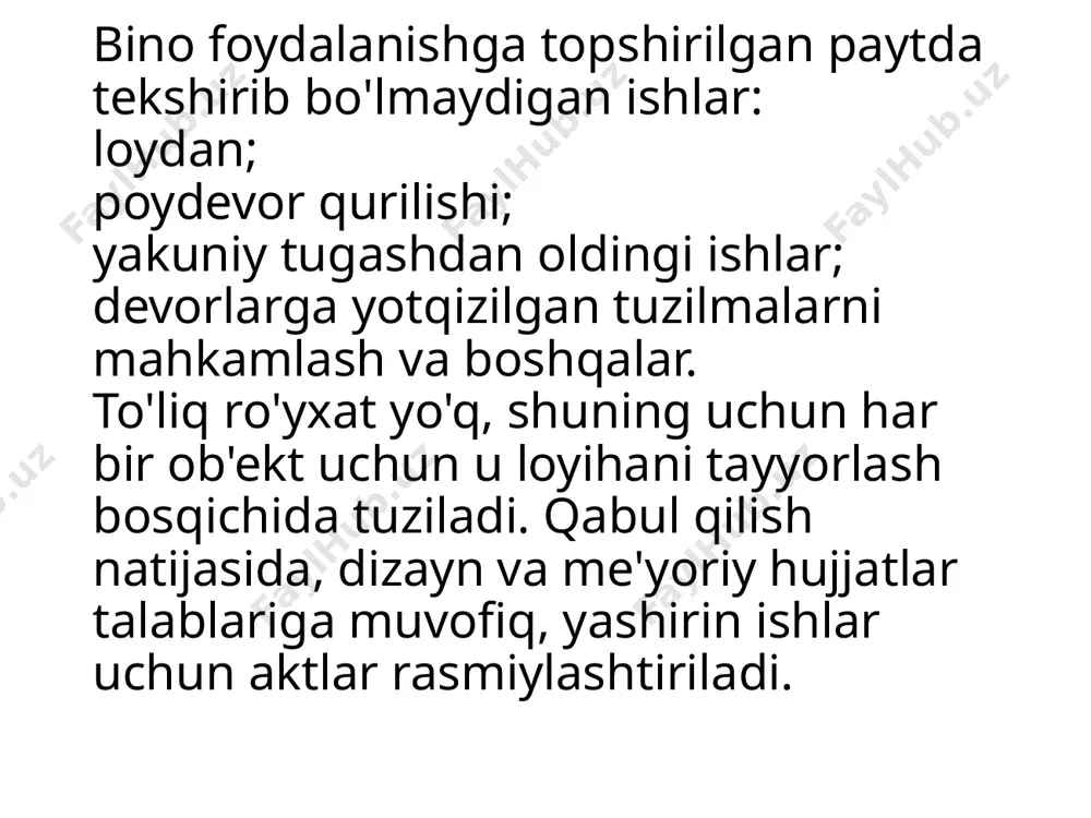 ruvchi eng muhim hujjatdir. dalolatnoma buyurtmachi va pudratchi o'rtasidagi bitim, xizmat ko'rsatish yoki shartnomani bajarishdan oldin tuziladigan asosiy shartnomaga qo'shimcha ilova hisoblanadi. bunday shartnoma odatda bitim shartlarini va buyurtmani bajarishni, tomonlarning majburiyatlarini va javobgarligini belgilaydi. ks-2 shaklidagi qurilish ishlarini bajarish to'g'risidagi aktdan tashqari, hujjatning yagona shakli mavjud emas. tugallangan ish akti oddiy shaklda yozma kelishuv hech qanday notarial tasdiqlamasdan. agar ushbu hujjatni bajarish tartibi shartnomada alohida ko'rsatilmagan bo'lsa, shakl o'zboshimchalik bilan bo'lishi mumkin. bajarilgan ish uchun qabul qilish dalolatnomasi shakli bajarilgan ishlar yoki ko'rsatilgan xizmatlar to'g'risidagi standart akt quyidagi ma'lumotlarni o'z ichiga oladi: hujjatning nomi, aktning tartib raqami, tuzilgan sanasi; ish xizmatlarning muddatlari va ro'yxati; qqsni hisobga olgan holda bajarilgan ishlarning (ko'rsatilgan xizmatlarning) qiymati; buyurtmachi va pudratchi (pudratchi) rekvizitlari; buyurtmachi va pudratchining imzolari va muhrlari. aktni to'ldirish uchun zarur shart nima. asosiysi, albatta, buyurtmachi va pudratchining ma'lumotlari, dastlab shartnomada ko'rsatilgan ularning tafsilotlari. tugatish sertifikati qo'shimcha hujjat bo'lganligi sababli, unda mehnat …