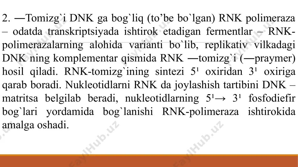 lekulyar strukturalari va xossalari bilan prokariotlarning fermentlaridan farq qiladi. masalan, sut emizuvchilar hujayrasining yadro va mitoxondriyasidagi dnk-polimerazalar nukleazali faollikka ega emas. dnk reparatsiyasi. dnk bitta zanjirining buzilgan qismini to`g`rilanishi yoki reparatsiyasini chegaralangan replikatsiya sifatida qarash mumkin. masalan, teri epitelial hujayrasi dnk zanjirini ultrabinafsha nurlar ta’sirida zararlaganda kuzatiladigan reparatsiya jarayoni ancha mukammal o`rganilgan. e’tiboringiz uchun raxmat ! image2.emf image3.emf image4.png image5.png image6.png media1.mp4 image7.png media2.mp4 image8.png media3.mp4 image9.png