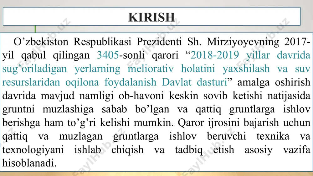 fsr xalq komissarlari sovetining ,, turkistonda sug’orish ishlari uchun 50 mln so’m ajratish va bu ishlarni tashkil etish to’g’risida ’’ ga dekreti yo’lga qo’yildi. dekretda quyidagilar ko’zda tutilgan edi. mirzacho’lda 500ming desyatina yerga suv chiqarish va 40 ming desyatina yerni egallab yotgan dalvarzin cho’lini irrigatsiya sestimasi bosh inshoatla lari bilan ta’minlash farg’gona oblastidagi uchqo’rgo’n dashtining 10 ming desyatina yerga suv chiqarish va shu yo’l bilan 20 ming desyatina maydonda sug’orish ihlarini tartibga solish suv oqimini tartibga solish yo’li bilan 100 ming desyatina yerni o’zlashtirib , paxta ekish uchun zarafshon daryosida suv ombori barpo qilish irrigsatsiya qurilishi tarixi turkistonda milliy chegaralanish o’tkazilib 1924 yilda o’zbekiston sovet sotsialistik respublikasi tuzilgandan keyin irrigatsiya ishlalari ayniqsa kuchaytirildi . 1925 – 1927 yillarda o’zbekistonda qishloqlardagi feodal munosabatlar qoldig’ini tugatish maqsadida yer –suv islohati o’tkazildi . irrigsatsiya qurilishi tarixi 1928- yilga kelib , sug’oriladigan maydonlarning hajmi urushdan ilgari sug’oriladigan maydonlarning hajmiga tenglashdi, bu vaqtda sug’oriladigan paxta …