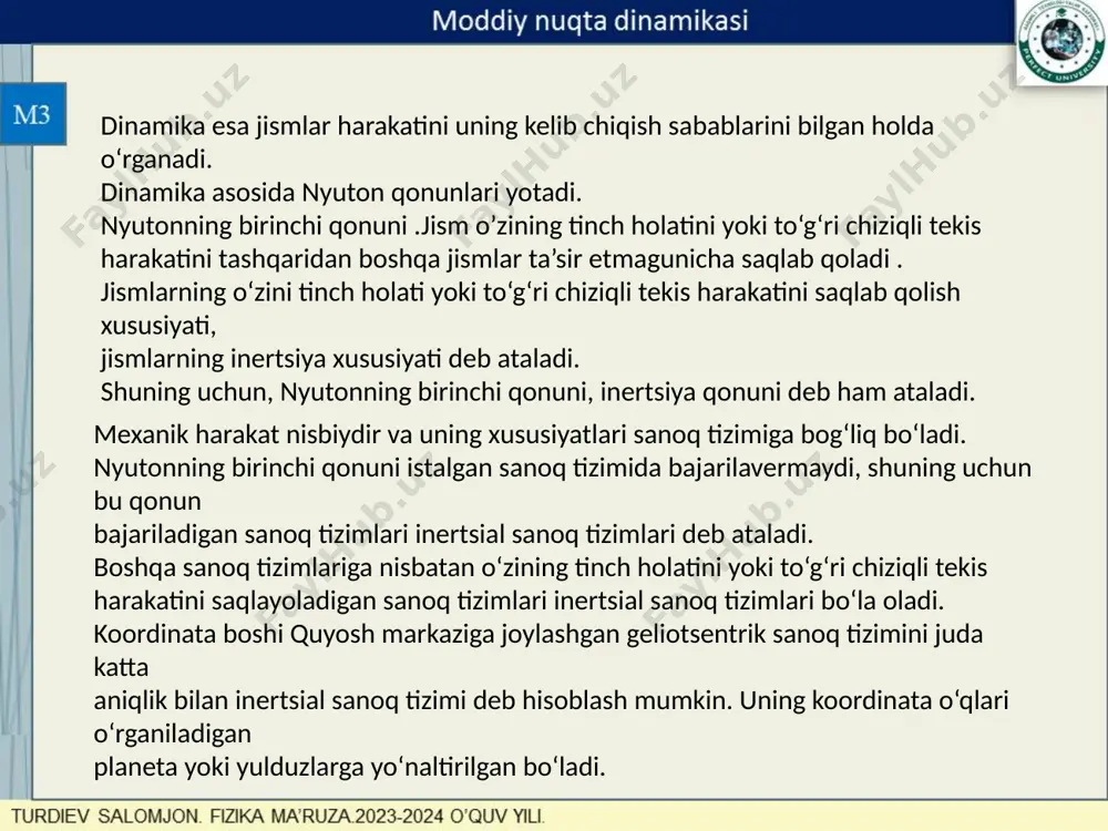 ortishish qonuniga ko‘ra, tabiatdagi barcha jismlar bir-birini tortishish xususiyatiga egadirlar. bu qonunga binoan, yer atrofidagi barcha jismlar yerning tortish kuchi ta’sirida bo‘ladi. yerning tortish kuchi ta’sirida hosil bo‘ladigan kuch og‘irlik kuchi deyiladi va bu kuch jismlarning erkin tushish tezlanishiga bog‘liqdir. shuning uchun bu kuchni jismlarning erkin tushish tezlanishi ta’sirida paydo bo‘luvchi kuch ham deyiladi prujinaga osilgan jismning muvozanat holatidan siljish elastiklik kuchi - moddiy nuqtaning muvozanat holatidan ko‘chishiga proportsional va muvozanat holati tomon yo‘nalgan bo‘ladi (9 - rasm): bu yerda - jismning muvozanat holatidan siljishini belgilovchi bu yerda - jismning muvozanat holatidan siljishini belgilovchi radius-vektordir,  - jismning elastiklik xususiyatiga bog‘liq bo‘lgan proportsionallik koeffitsienti ishqalanish kuchi - jismning boshqa jism sirtida sirpanishiga qarshilik ko‘rsatadigan kuch bo‘lib, jismning sirtiga normal bo‘yicha bergan bosim kuchiga tengdir tinchlikdagi ishqalanish kuchining miqdori tinchlikdagi ishqalanish koeffisentining normal kuchga ko’paytmasiga teng. k – jism sirtining holatiga bog‘liq bo‘lgan ishqalish koeffitsienti. rn – jism sirtiga normal bo‘yicha …