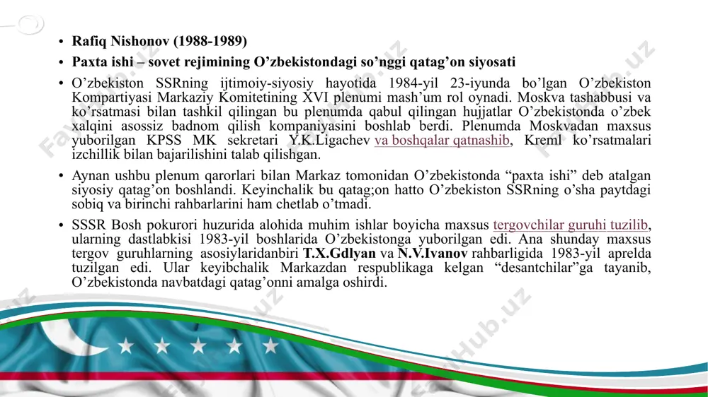 ida bo‘ka va parkentda, 1990 yil iyun oyida o‘shda qonli etnik ixtiloflarning oldini oldi birinchi prezident tomonidan islom dinining qayta uyg‘onishi, qolaversa, mamlakatdagi barcha konfessiyalarning erkin faoliyat yuritishiga g‘amxo‘rlik ko‘rsatilgani bu borada ulkan ahamiyat kasb etdi. barcha diniy konfessiyalar vakillari o‘z e’tiqodiga emin-erkin va to‘siqlarsiz amal qilishlari uchun zarur shart-sharoit yaratildi. www.presentationgo.com by: .com © presentationgo.com © copyright presentationgo.com – the free powerpoint template library 12 80-yillar oxiri 90-yillar boshlarida jamiyatning turli sohalarida mustaqillikka intilish harakatlari kuchaya bordi. 80-yillarning ikkinchi yarimidan mustaqillikni qo’lga kiritish shart-sharoitlari vujudga keldi. respublikada «paxta ishi» degan asossiz tuxmatda o’zbekiston fuqarolarini himoya qilish zarur edi. o’zbekiston rahbariyati ba`zi yuqori raxbarlik lavozimlarga tavsiya qilingan shaxslarni moskvada suhbatdan o’tkazish amalietini tugatdi. sh.r.rashidovning nomini tiklash ishlari boshlandi. 1989-yil oktyabrda davlat tili to’g`risidagi qonunni qabul qilinishi mustaqillik yo’lida muhim bosqich bo’ldi. qonunni amalga oshirish maqsadida o’zbek tilini tekinga o’qitish maxsus kurslari tashkil etildi, o’zbek tilidagi adabietlar, darsliklar nashr etilishiga va …