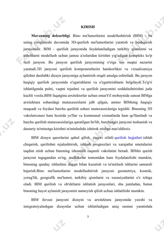liq holda bir nechta sapr va texnik xususiyatlarga ega yagona ma'lumot markazini yaratishdir. kurs ishi maqsadi: bino intererlarini loyihalash va modellashtirish mavzusini o'rganish va tadqiq etishdan iborat. kurs ishi vazifalari: 1.binolarni me’moriy va rejaviy yechimlarini o'rganish; 2.bino barpo etishda arxitekturaviy loyihalashni o'rganish; 3.bino va uylarning arxitektura modellarini ishlab chiqarishni o'rganish; 4.qog'ozli uy modeli: diagrammalarni o'rganish va tahlil etishdan iborat kurs ishi ob’ekti: bino intererlarini loyihalash va modellashtirishni. kurs ishi predmeti: bino intererlarini loyihalash va modellashtirishning amaliy ahamiyati . kurs ishi tuzilishi: kirish, ikki bob(4ta paragraf), xulosa va foydalanilgan adabiyotlar ro’yxatidan iborat. i bob. binolarni rejaviy yechimlari binolarni loyihalash asoslari bino barpo etishda arxitekturaviy loyihalash 1.1.binolarni me’moriy va rejaviy yechimlari dunyoda odamlar paydo bo‘lgandan boshlab dastlab o‘ziga bosh pana, uy-joy, qurish bilan mashg‘ul bo‘lishgan. asrlar, ming yillar o‘tishi bilan er kurrasida odamlar tomonidan turli tuman binolar, inshootlar, yo‘llar, ko‘priklar suv havzalari bog‘ rog‘lar va boshqalar qurilgan, bunyod etilgan. ma’lumki, har qanday …