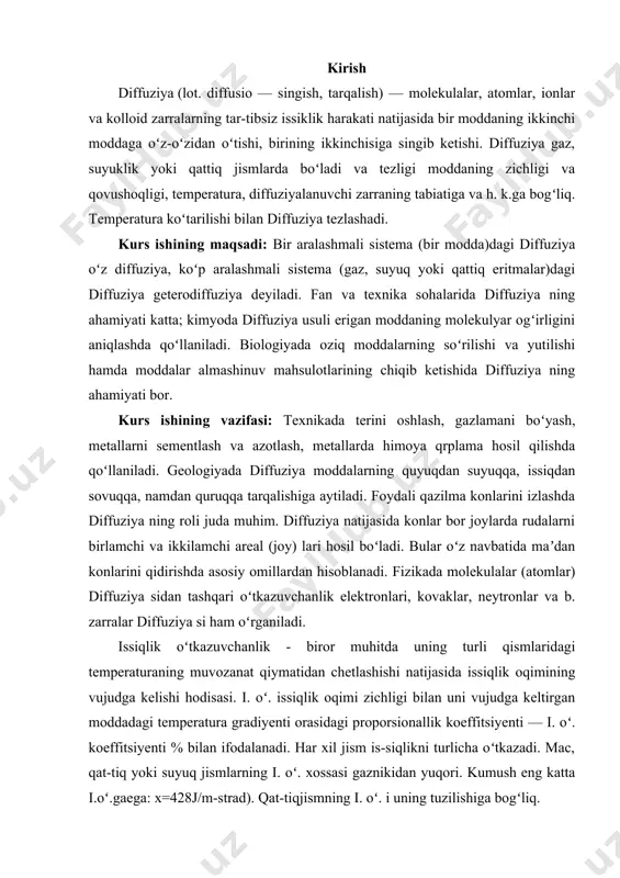 o`nalishida (o`ngga) kesib o`tadigan n1 molekulalar soni bilan ana shu yuzni shu vaqt ichida qarama qarshi yo`nalishda (chaga) kesib o`tadigan molekulalar soni n2 orasida ayrimaga teng bo`ladi: n=n1-n2 1 sm2 yuzni kesib o`tayotgan molekulalar sonini qanday aniqlash kerak. agar barcha molekulalar x o`qi bo`ylab yo`nalgan birday v tezlik bilan harakatlanganda edi, u holda 1 sm2 yuzni 1 sek da kesib o`tayotgan molekulalar soni nv ga teng bo`lar edi, bu yerda n –hajm birligidagi molekulalar soni. aslida molekulalarning tezliklar bo`yicha taqsimoti mavjud, biroq biz qo`pol bo`lsada, barcha molekulalarning tezligi birday -υ o`rtacha tezlikka teng deb olamiz. shuningdek, molekulalarning issiqlik tezliklari uchta o`zaro perpendikulyar yo`nalishlar buylab tekis taqsimlangan deb olamiz. unda hajm birligidagi barcha molekulalarning 1/3 qismi x o`q buylab va bu molekulalarning yarmisi x o`qning musbat yo`nlishi bo`ylab, ya`niy yuzga qarab va yarmisi qarama-qarshi yo`nalishda yuzdan uzoqlashish yo`nalishida harakatlanadi. binobarin, s yuzning 1 sm2 ni 1 sek ichida chapdan o`ngga kesib …