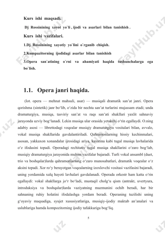 nlarning oʻzaro munosabatlari, dramatik voqealar oʻz aksini topadi. xor roʻy berayotgan voqealarning izoxlovchi vositasi vazifasini bajaradi, uning yordamida xalq hayoti lavhalari gavdalanadi. operada orkestr ham katta oʻrin egallaydi: vokal shakllarga joʻr boʻladi, mustaqil cholgʻu qism (antrakt, uvertyura, introduksiya va boshqalar)larda vaziyatning mazmunini ochib beradi, har bir sahnaning ruhiy holatini ifodalashga yordam beradi. operaning tuzilishi uning gʻoyaviy maqsadiga, syujet xususiyatlariga, musiqiy-ijodiy maktab anʼanalari va uslublariga hamda kompozitorning ijodiy tafakkuriga bogʻliq. 1.2. yevropa va o`zbek kompazitorlarining operalari. opera sanʼatning alohida turi sifatida 16-asr oxirida florensiya (italiya)da yuzaga keldi: ya. perining "dafna" (1598) va "evridika" (1600) asarlari. opera keyinchalik yevropaning boshqa mamlakatlarida tarqalib, tarixiy rivoji davomida turli xillariga ega boʻldi: fransuz "liriktragediyasi" (j.b. lyulli, j. f. ramo) va katta opera (l. ober, j. meyerber), italyan opera.-seria — jiddiy opera. (a.skarlatti va neapolitan opera maktabi) va buff-opera (j. pergolezi, j. paiziyello, d. chimaro-za), nemis zingshpili (i. xiller, v. a. motsart va boshqalar), ingliz ballada …