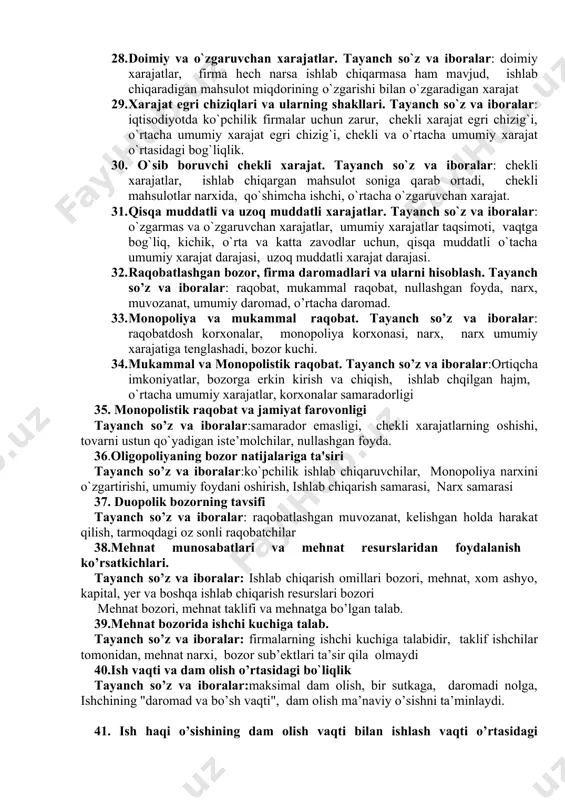 yil insonlar, tavakkalchilikga borishga qarshi, ya’ni moyil emas va tavakkalchilikka befarq qaraydigan insonlar. 21. tavakkalchilikni (yo`qotishlarni) pasaytirish. tayanch so`z va iboralar: diversifikatsiya, sug’urtalash, tavakkalchilikni taqsimlash, axborot izlash. 22. hulq- atvor iqtisodiyoti. tayanch so`z va iboralar: iqtisodiyot, odamni xatti-harakatini o`rganadi, firma menejeri, foydani maksimallashtiradi, iste’molchi, naflilikni maksimallashtiradi. 23. ishlab chiqarish texnologiyasi. tayanch so`z va iboralar: bozor talabi, afzal ko`rishlar, ishlab chiqarish sarflari, optimal yechimlar. 24. qisqa va uzoq muddatli ishlab chiqarish. tayanch so`z va iboralar: ishlab chiqarish va uning xarajatlari, qisqa muddatda va uzoq vaqtda, o`zgartirib bo`lmaydigan vaqt, o`zgara olmaydigan omillar, ishlab chiqarish omillari, barcha omillarga o`zgartirish kiritish uchun yetarli bo`lgan vaqt. 25. o`rtacha va chegarali mahsulot. tayanch so`z va iboralar: ishlab chiqarish, jonli mehnatdan foydalanish, ishlab chiqarish hajmi q ni umumiy mehnat sarflari l ga taqsimlab, mehnat chegarali mahsulotlari mpl. 26. ishlab chiqarish omillari bir-birining o`rnini bosishi. tayanch so`z va iboralar: mahsulot ishlab chiqarish hajmi, o`zgarmagan holda, kapital qisqartirilishi, iste’mol …