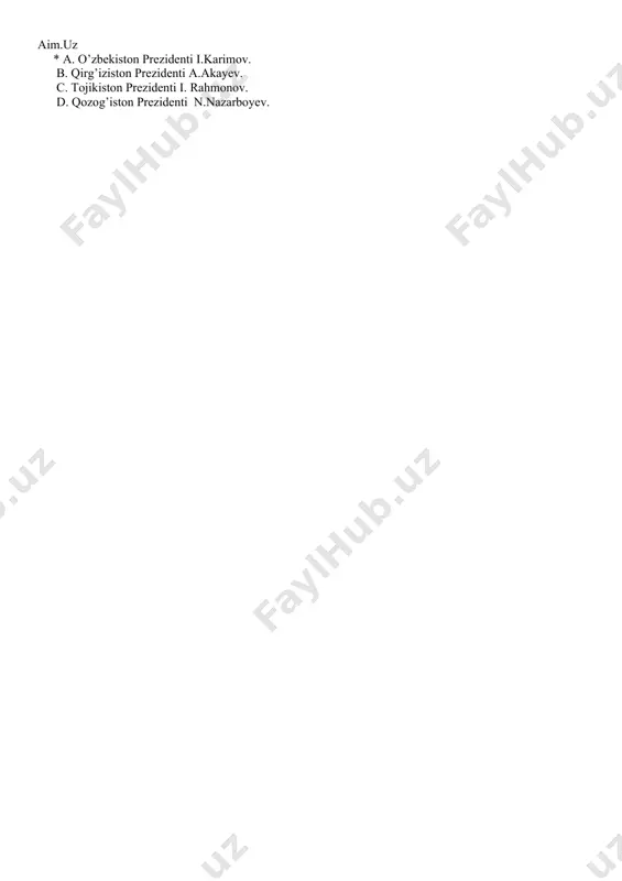 udolar darvozasi *c. qora tuproq d. n il inomi 5.”bobil ”so’zi qanday ma’noni bildiradi? a. ikki daryo oraligidagi shahar *b. xudolar darvozasi c. sherlar makoni d. ajdarholar diyori 6.mesapotamiyada odamlar nimaga yozishgan? a. qog’ozga b. yog’ochga *c. loy taxtachaga d. toshga 7.afinada kimlarni meteklar deb atashgan? *a. boshqa joydan ko’chib kelganlarni b. qullarni c. harbiylarni d.tub yerli aholini 8. ahamoniylar davrida viloyatlar qanday yuuritilgan? *a. satraplik b. polis c. tutan d. viloyat 9. ikandarga qarshi kurashgan so’g’diylarning yo’l boshchisi kim edi? a. shiroq b. bess *c. spitamen d. to’maris 10. birlashgan besh yuechiji qabilalarining birinchi hukmdori kim? *a. kudzuka kadfiz b. kanishka c. vima kadfiz d. fon rixtgofen 11.birinchi olimpiya o’yinlari qachon bo’lib o’tgan? a. 394-yil *b. mil.avv.776-yil c. 1896-yil d. 774-yil 12.doro i hukmdorlik qilgan yillarni ko’rsating? *a. mil.avv. 522-486 yil b. mil.avv. 520-480 yil c. mil.avv. 522-485 yil d. mil. avv. 523-480 yil 13. buyuk aleksandr mil.avv. 329-yilda …