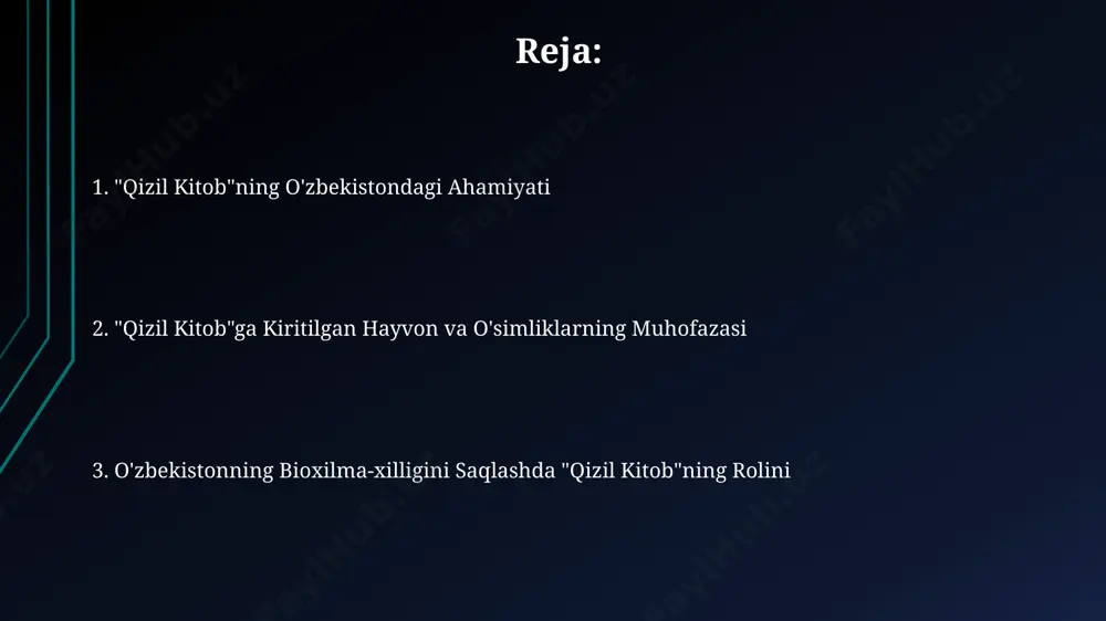 ‘ynaydi, muayyan turlarning monitoringi va boshqaruv rejalarini ishlab chiqishga yordam beradi. ekologik taʼlim va tarbiya kitobda keltirilgan 30 ga yaqin ekologik tahdidlar va ularga qarshi kurash choralari, shu jumladan, bioxilma-xillikni saqlash bo‘yicha 5 ta milliy dastur haqida batafsil maʼlumot berilgan. “ekologik taʼlim va tarbiya” bo‘limi, qizil kitobning 15% dan ortiq qismini egallab, 200 dan ziyod noyob va yo‘qolib borayotgan o‘simlik va hayvon turlarining muhofazasi strategiyasini bayon etadi. oʻsimliklar dunyosining himoyasi oʻsimliklar dunyosining himoyasi toʻgʻrisidagi qizil kitob, 1980-yillardan buyon 5 dan ortiq qayta nashr etilgan boʻlib, bioxilma-xillikni saqlashga qaratilgan milliy siyosatning muhim tarkibiy qismidir. kitobda keltirilgan har bir oʻsimlik turi uchun uning tarqalish hududi, ekologik holati va himoya choralari boʻyicha batafsil ma’lumotlar, ya’ni 100 dan ziyod sahifada tasvirlangan. qizil kitobning ahamiyati qizil kitobda 100 dan ortiq noyob va yo'qolib borayotgan o'simlik va hayvon turlarining tavsifi berilgan bo'lib, ularning muhofazasi uchun milliy strategiya ishlab chiqilgan. kitobda keltirilgan ma'lumotlar ekologik monitoring, tabiatni muhofaza …