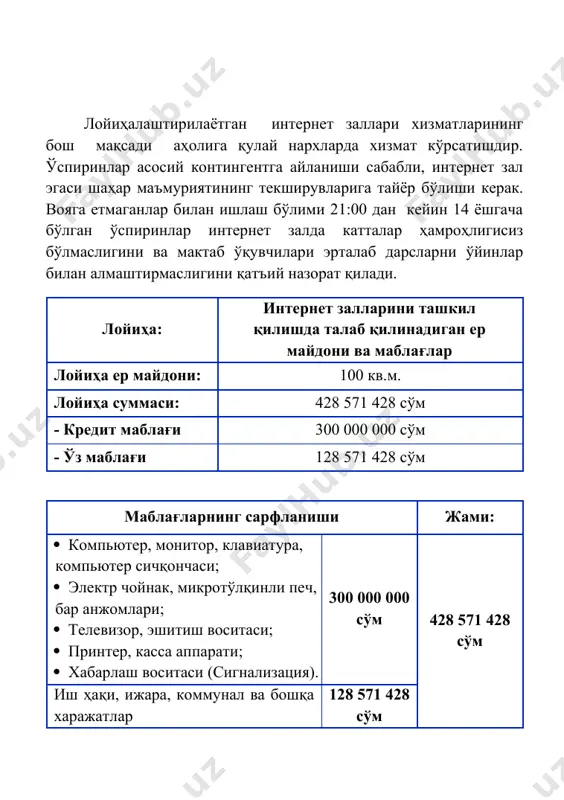 600 000 2 интернет 20 200 000 3 флешкага дастурлар ёзиш 10 100 000 4 ксерокопия (нусха олиш) 100 100 000 жами: 190 1 000 000 интернет залининг йиллик хизмат кўрсатиш режаси сўмда № хизмат кўрсатиш номи 1 кунда кўрсатилади-ган хизмат тушуми 1 ойда кўрсатилади-ган хизмат тушуми 1 йилда кўрсатила-диган хизмат тушуми 1 интернет зали хизматлари 1 000 000 30 000 000 360 000 000 интернет залининг йиллик харажатлари сўмда № номланиши харажатлар суммаси 1 компьютер дастурий таъминоти ва антивирус 10 000 000 2 интернет харажатлари (wi-fi) 6 000 000 3 ижара харажатлари 50 000 000 4 иш ҳақи харажатлари 88 000 000 5 электр қуввати сарфи 5 500 000 6 сув ва оқава-сув харажатлари 1 500 000 7 чиқинди харажатлари 1 000 000 жами: 162 000 000 штат жадвали ва иш хақи харажатлари сўмда № лавозими сони битта штат ойлик иш хақиси умумий штат ойлик иш хақиси жами бир …