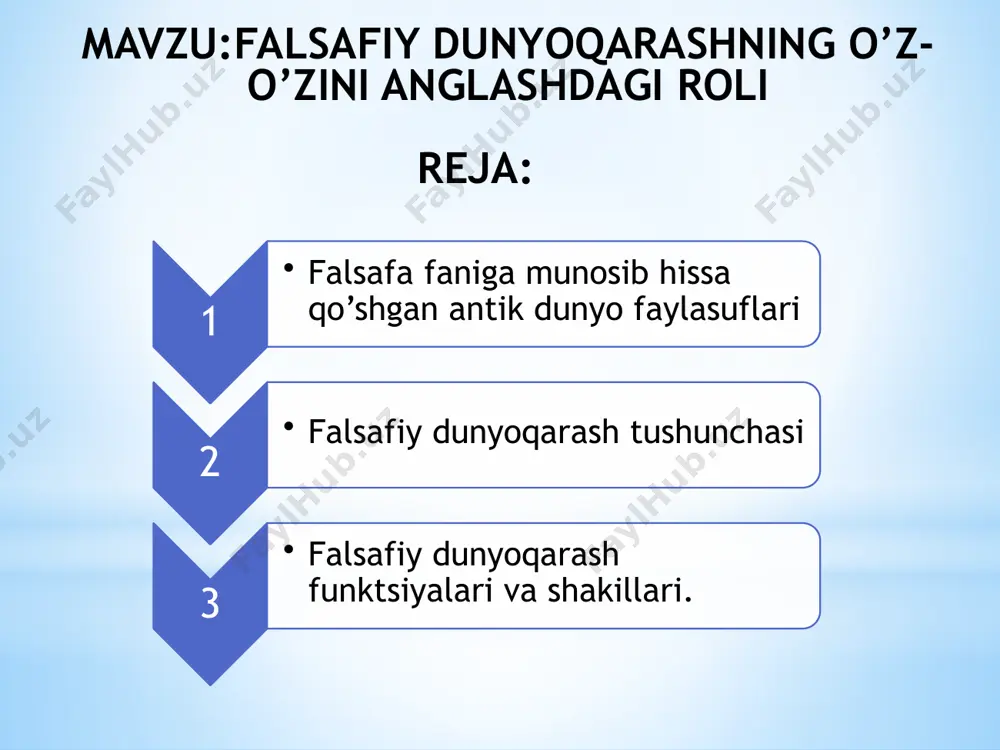‘lishi kerak? o‘limdan so‘ng bizni nima kutadi? dunyoni nima boshqaradi? dunyoda yovuzlik muqarrarmi? inson dunyoni o‘zgartira oladimi? asosiy falsafiy fanlar hozirgi zamon falsafasi doirasida ko‘pincha quyidagi mustaqil sohalarni ajratishadi: falsafa tarixi, ontologiya, gnoseologiya (epistemologiya) , aksiologiya, falsafiy antropologiya, ijtimoiy falsafa, mantiq, din falsafasi, huquq falsafasi, fan falsafasi, texnika falsafasi, tarix falsafasi, madaniyat falsafasi, siyosat falsafasi, global muammolar falsafasi kabi bugungi kunda mustaqil fan maqomini olish bilan birbutun yo‘nalishlarga ajralgan. falsafa dunyoqarash sifatida har qanday falsafa insonning dunyoga nisbatan u yoki bu munosabatini ifodalab, muayyan dunyoqarashni shakllantiradi. falsafaga berilgan eng oddiy va dastlabki ta'riflar: falsafa - bu dunyoqarash yoki boshqacha aytganda: falsafaning mavzusi - «dunyo - inson» tizimidir. dunyoqarash nima? hamma zamonlarda ham inson oldida uning atrof muhitga, boshqa odamlarga, o‘z-o‘ziga nisbatan munosabatini belgilovchi savollar ko‘ndalang turadi. har birimiz unday yoki bunday tarzda ularga duch kelamiz. bizni o‘rab turgan dunyo nimadan tashkil topgan? uni bilib bo‘ladimi va agar bilish mumkin bo‘lsa, …