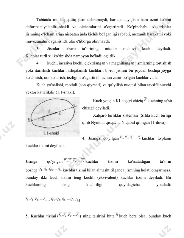 inch holati tushuniladi. jismning harakati yoki holati boshqa jism bilan bog'langan koordinatalar sistemasiga nisbatan tekshiriladi. odatda bunday koordinatalar sistemasi sanoq sistemasi-deyiladi. statikada yer bilan bevosita bog'langan sanoq sistemasi ishlatiladi. 2. statikaning aksiomalari statika masalalarini yechish tajriba va kuzatishlar yordamida aniqlangan quyidagi aksiomalarga asoslanadi; 1-aksioma. erkin jismning ixtiyoriy ikki nuqtasiga 1.2-shaklda tasvirlanganidek miqdorlari teng, yo'nalishi esa mazkur nuqtalardan o'tuvchi to'g'ri chiziq bo'yicha qarama-qarshi yo'nalgan ikkita kuch ta'sir etsa, bunday kuchlar o'zaro muvozanadashadi. kuchlar orasidagi munosabatlarra quyidagicha yozish mumkin: · miqdori jihatdan = · yo'nalishi jihatdan = (manfiy ishora kuchlarning o'zaro qarama-qarshi yo'nalganligini ko'rsatadi). · shunday qilib, bunday ikki kuchdan tashkil topgan tizim nollik tizimdan iborat bo'ladi: · ( 0. 2-aksioma. nolga ekvivalent tizimni jismga ta'sir etuvchi kuchlar tizimiga qo'shish yoki undan ayirish bilan kuchlar ti-zimiiung jismga ta'siri o'zgarmaydi. bundan quyidagi natija kelib chiqadi: kuchning miqdori va yo'nalishini o'zgartirmagan holda, o'zining ta'sir chizig'i bo'ylab bir nuqtadan ixtiyoriy boshqa nuqtaga ko'chirilsa, uning jismga …