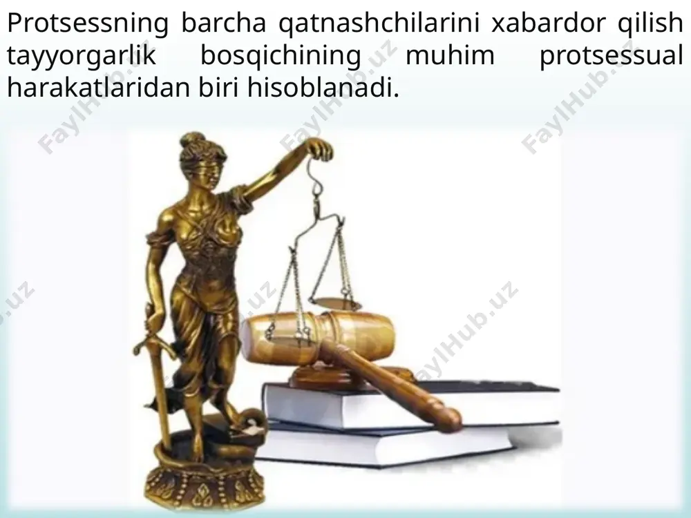 sodiy sud ishlarini yuritish ishtirokchisi quyidagi hollarda ham sud tomonidan tegishli tarzda xabardor qilingan deb hisoblanadi, agar: ajrim yo‘llangan shaxs ajrimning ko‘chirma nusxasini olishni rad etgan va ushbu rad etish qayd etilgan bo‘lsa; sud tomonidan yuridik shaxsning sudga ma’lum bo‘lgan oxirgi joylashgan yeri (pochta manzili), fuqaroning yashash joyi bo‘yicha yuborilgan ajrimning ko‘chirma nusxasi oluvchi ko‘rsatilgan manzilda yo‘qligi sababli topshirilmagan va bu haqda aloqa muassasasi sudni xabardor qilgan bo‘lsa; ajrimning ko‘chirma nusxasi sud tomonidan elektron pochta orqali yoki xabardor qilinganlik faktini tasdiqlovchi boshqa aloqa vositalaridan foydalangan holda yuborilgan kundan e’tiboran uch kun o‘tgan bo‘lsa. agar javobgarning haqiqiy turar joyi noma’lum bo‘lgan taqdirda esa javobgarning ma’lum bo‘lgan oxirgi turar joydagi pochta bo‘limi, fuqarolarning o‘zini o‘zi boshqarish idoralari yoki uning oxirgi ish joyidagi ish beruvchining mansabdor shaxsiga topshiriladi va bu haqida chaqiruv xatining ikkinchi nusxasiga imzo qo‘ydirib olinadi. ishda ishtirok etuvchi shaxslar va vakillarning ishning ko‘rilishi vaqti va joyi to‘g‘risida xabardor qilinmasliklari keyinchalik …
