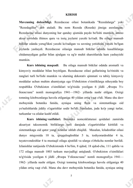 ikaga oid qator yangi tizimlar ishlab chiqildi. masalan, loladoshlar oilasi dunyo miqyosida 10 ta, qirqquloqdoshlar 5 ta, toshyorardoshlar 4 ta, tuyatovondoshlar 4 ta mustaqil oilaga ajratildi va ularga o'zbekcha nomlar berildi. izlanishlar natijasida o'zbekistonda 4 bo'lim, 8 ajdod, 18 ajdod-cha, 111 qabila va 172 oilaga mansub 1003 turkum mavjudligi aniqlandi. o'zbekiston o'simliklari to'g'risida yozilgan 6 jildli „флора узбекистана” nomli monografiya 1941—1962- yillarda nashr etilgan. oxirgi tomning kitobxonlarga havola etilganiga 40 yildan ortiq vaqt o'tdi. mana shu davr mobaynida botanika fanida, ayniqsa uning flora va sistematikaga oid yo'nalishlarida jiddiy o'zgarishlar sodir bo'ldi. jumladan, juda ko'p yangi turlar, turkumlar va oilalar kashf etildi. kurs ishining obekti va predmeti. botanika nomcnklaturasi qoidalari zamirida aksariyat taksonomik birliklarga turli darajada o'zgartirishlar kiritildi va sistematikaga oid qator yangi tizimlar ishlab chiqildi. masalan, loladoshlar oilasi dunyo miqyosida 10 ta, qirqquloqdoshlar 5 ta, toshyorardoshlar 4 ta, tuyatovondoshlar 4 ta mustaqil oilaga ajratildi va ularga o'zbekcha nomlar berildi. izlanishlar …