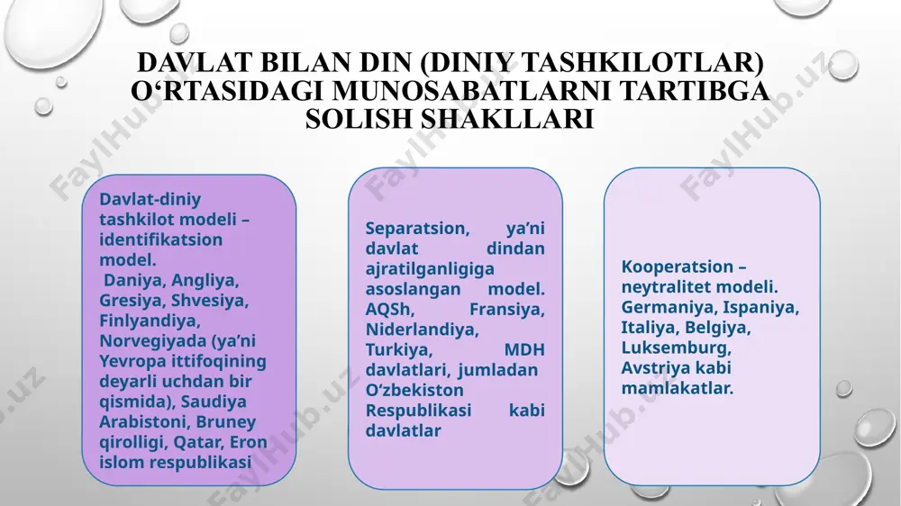 i yig'adi va o'rta maktablarda diniy ta'limning mavjudligi ham germaniya konstitutsiyasi tomonidan kafolatlangan. shvetsiya, daniya va norvegiyada diniy tashkilotning maqomi boshqa mamlakatlarda bo‘lgan maqomidan jiddiy farq qiladi. skandinaviya mamlakatlarining xarakterli belgisi – protestantizmning qat’iy ustuvorligi hisoblanadi - bu mamlakatlarda aholining 90 foizidan ko‘prog‘i protestant cherkoviga mansubdir. 1979 yili 23 dekabrda tasdiqlangan eron islom respublikasining konstitutsiyasida aytilishicha, «eronda 12 ta imomlarning mavjudligini nazarda tutuvchi ja’fariya mazhabi rasmiy din sifatida e’tirof etiladi hamda bu qoida abadiy o‘zgarmas bo‘lib qoladi» (12-modda). «barcha fuqarolik, moliyaviy, iqtisodiy, ma’muriy, madaniy, harbiy, siyosiy va boshqa qonun-qoidalar islom normalari asosida belgilanishi lozim» (4-modda). o‘zbekistonda tarkib topgan davlat va din o‘rtasidagi munosabat o‘z mohiyati, mazmuni va huquqiy asoslariga ko‘ra separatsion modelga, ya’ni davlatdan din, umumta’lim maktablaridan diniy ta’limning ajratilganligi va vijdon erkinligi, konfessional bag‘rikenglik ta’minlanganligiga asoslanadi. o‘zbekiston dunyoviy davlat bo‘lib, mamlaktimizda din davlatdan alohida bo‘lib, bu haqda mamlakatimiz konstitutsiyasining 61-moddasida shunday deyiladi: «diniy tashkilotlar va birlashmalar davlatdan ajratilgan hamda …