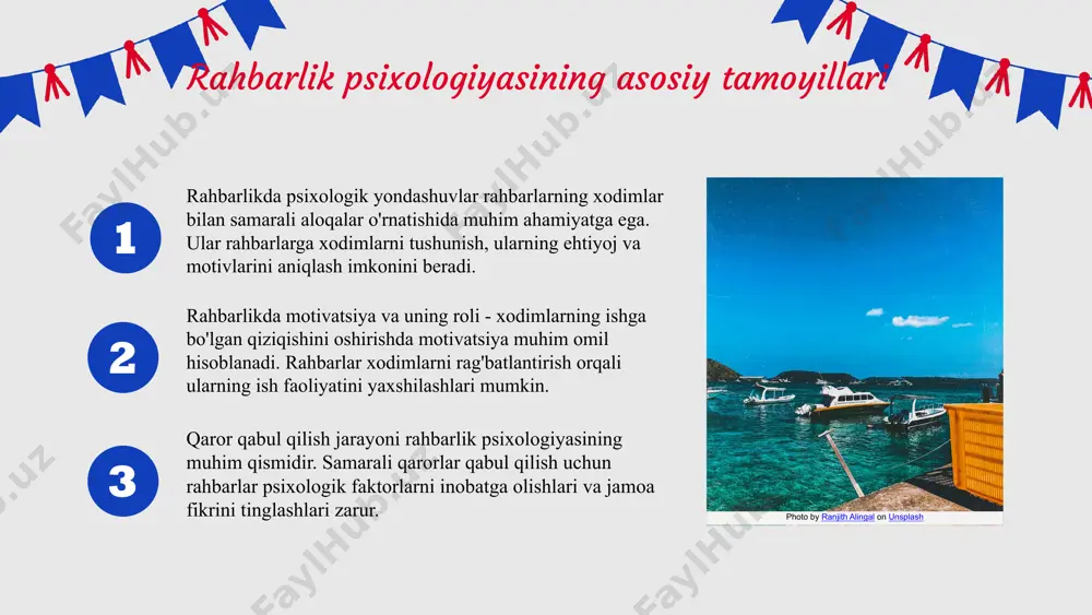 llarni qo'llab, jamoa ichida muammolarni aniqlash va hal qilishda yordam beradi. psixologik bilimlar jamoa a'zolari o'rtasida ishonch va hamkorlikni rivojlantirishda foydalidir. bu esa jamoaning samaradorligini oshiradi va umumiy maqsadlarga erishishga yordam beradi. rahbarlikda psixologik bilimlarning foydasi psixologik bilimlar va rahbarlik rahbarlar psixologik bilimlar orqali jamoa a'zolarining ehtiyojlarini tushunib, ular bilan samarali aloqa o'rnata oladilar. bu bilimlar muammolarni hal etishda yordam beradi. amaliy qo'llanilish psixologik bilimlar rahbarlarga qaror qabul qilishda muhim rol o'ynaydi. ular muammolarni aniqlash va yechimlar taklif qilishda yordam beradi. photo by sebastian pena lambarri on unsplash photo by asep supriadi on unsplash rahbarlikda psixologik bilimlarning ta'siri psixologik bilimlar rahbarlikda qanday o'zgarishlar keltiradi? psixologik bilimlar rahbarlarga xodimlarining hissiy holatini tushunishga yordam beradi. bu bilimlar samarali muloqot o'rnatish va xodimlarni motivatsiya qilishda foydalidir. shuningdek, psixologik bilimlar qaror qabul qilishda stressni boshqarishga yordam beradi. bu rahbarlik jarayonida ijobiy o'zgarishlar keltiradi va samaradorlikni oshiradi. rahbarlikda psixologik bilimlarning ijobiy ta'siri psixologik bilimlar rahbarlar …
