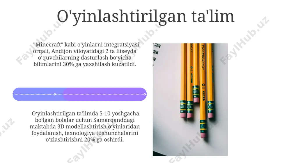 ichlari 15% ga oshdi, bu esa 5-sinf o'quvchilarida yaqqol ko'rindi. samarqanddagi 200 dan ortiq o'quvchilar bilan o'tkazilgan tadqiqotlar shuni ko'rsatdiki, interfaol o'yinlardan foydalanish texnologiya ta'limining samaradorligini 30% ga oshiradi. loyihaviy usullar andijon viloyatida joylashgan maktabda, loyihaviy usullar yordamida 20 nafar o'quvchi dasturlash asoslarini o'rganib, 5 ta turli xil dastur yaratishga muvaffaq bo'lishdi. loyihaviy usullar orqali o'quvchilar 5-sinfdan boshlab, 3d printerlardan foydalanib, 10 ta turli xil modellarni loyihalash va chop etishni o'rganadilar, bu ularning dizayn va texnologiya sohasidagi bilimlarini kengaytiradi. e'tiboringiz uchun rahmat @taqdimot_robot image4.jpg image5.jpg image6.jpg image7.jpg image8.jpg image9.jpg image10.jpg image11.jpg image12.jpg image13.jpg image14.jpg image15.jpg image16.jpg image17.jpg image18.jpg image1.jpeg image2.jpeg image3.jpeg