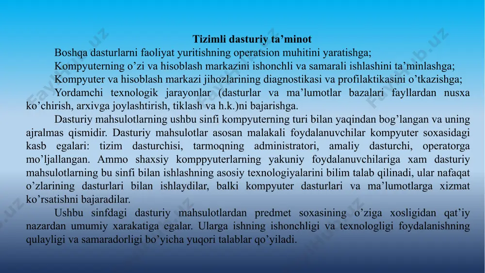 otlarni ishlab chiqish jarayoning quyidagi ta’riflari bo’yicha amalga oshiriladi: xotirani boshqarish (o’natilayotgan kenglikning eng katta hajmi, xotiraning turlari, xotiradan foydalanishning texnik ko’rsatkichlari); operatsion tizim tarkibidagi yordamchi dasturlar (utilit)ning vazifaviy imkoniyatlari; disk kompressiyasining mavjudligi; fayllarni arxivga joylashtirish imkoniyatlari; ishning ko’p vazifasi tartibini to’xtatib turish; tarmoqli dasturiy ta’minotni to’xtatib turish; sifatli hujjatlarning mavjudligi; instollyatsiya jarayoning sharoitlari va murakkabligi. /docprops/thumbnail.jpeg
