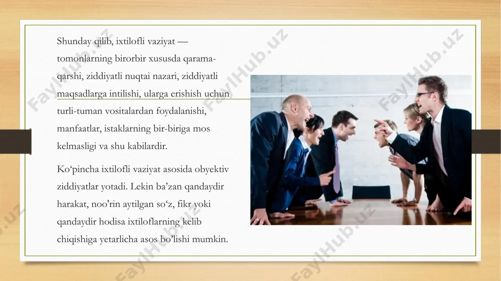hal qilish. bu usul barcha tomonlarni qanoatlantiruvchi yechimini topish uchun nizoni chaqiruvchi sabablarni chuqur tahlil qilishva barchani fikrlarini inobatga olishga asoslanadi. bu usul tarafdorlari o’zlarini maqsadiga boshqalar maqsadi orqali emas, balki nizoning eng oqilona yechimini topish evaziga erishishni xohlaydilar. xulosa : • nizo qanday xarakterga ega va qay darajada katta bo‘lmasin, barcha hollarda nizoning sabablari hamda uni vujudga keltirgan holatlarni rahbar diqqat bilan tahlil qilinishi zarur. rahbar har bir aniq vaziyatning zamiriga adolat va obyektivlik bilan yetishi, tegishli xulosalar chiqarishi kerak.