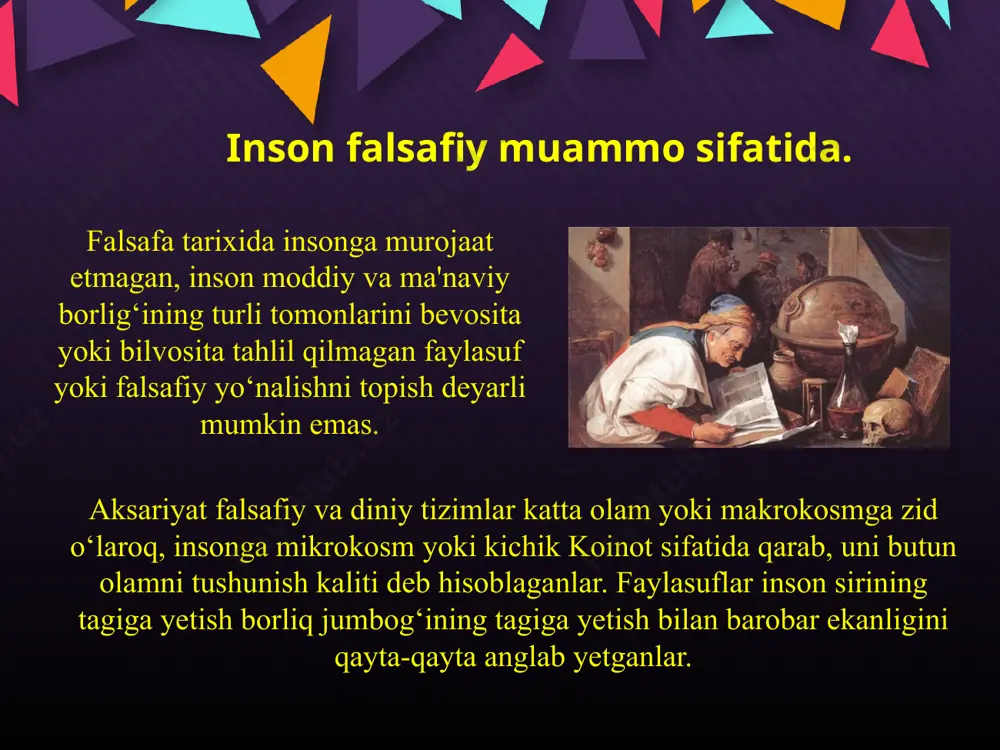 lab keladi. bunda insonga ulkan dunyodagi bir zarra sifatida qaraladi. ammo dunyoga nisbatan kosmotsentrik yondashuv antik falsafa rivojlanishining ilk bosqichlariga ko‘proq xosdir. dunyoning mazkur talqiniga muvofiq birinchi o‘ringa suqrot davridayoq falsafaning diqqat markazidan o‘rin olgan inson haqida mulohaza yuritish uchun ham tegishli zamin hozirlovchi dunyo va kosmos muammolari chiqadi. teotsentrizm falsafasini boshqa falsafiy nuqtai nazarlar – antropotsentrizm va kosmotsentrizm siqib chiqara boshlagan uyg‘onish davrida insonga doir qarashlarda jiddiy o‘zgarishlar yuz berdi. o‘rta asrlarda inson u yoki bu korporatsiya vakili sifatida amal qilgan bo‘lsa, uyg‘onish davrida u o‘zlikni anglash tuyg‘usi va ijtimoiy nuqtai nazari o‘sishi natijasida o‘z manfaatlarini ifoda eta boshladi. inson shaxs sifatida kamol topdi. o‘sha davr falsafasida insonga bo‘lgan qiziqishning kuchayishi bilan bir qatorda tabiatga bo‘lgan qiziqish ham tiklandi. n.kuzanskiy, j.brunoning panteistik konsepsiyalari xristianlar xudosini siqib chiqara boshladi. buyuk nemis faylasufi i.kant (1724-1804) insonni tushunish yo‘lida muhim qadam tashladi. u inson betakror mavjudot va u haqda alohida falsafiy mulohaza …