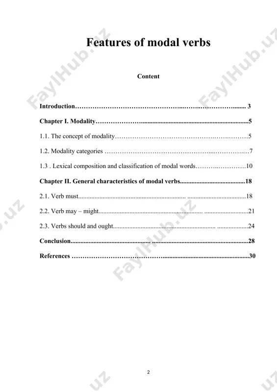 the attention of scientists since the second half of the 20th century. however, modal words have not yet received a complete explanation due to their versatility, specificity of linguistic expression and functional features. thus, the insufficient scientific systematization of the category of modality and the means of its expression in the english language determined the choice of the topic of this course work. the purpose of the study is to identify the essence, to describe and comprehensively analyze modal words as a special part of speech in the english language, as well as to consider modal verbs as one of the ways to implement modality. in accordance with the goal, the following tasks are set: determine the essence, specificity and main features of the modality category; characterize the main modal verbs; describe modal words as means of expressing certainty; characterize modal words in terms of their lexical composition; identify the …