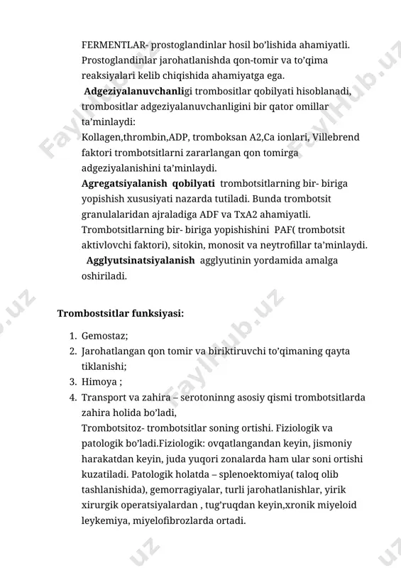 ishiga qaratilgan jarayon ketma- ket keluvchi 5ta bosqichdan iborat. 1. vazokonstruksiya; 2. trombotsitar qon laxta hosil bo’lishi; 3. kaogulyatsiya; 4. retraksiya; 5. fibrinoliz. 1. vazokonsturksiya- qon tomirlarning qisilishi. ko’p omillar ta’sirida yuzaga keladi. · zararlangan endoteliydan ajraluvchi – endotelin ta’sirida; · miogen omillar; · og’riq retseptorlarining ta’sirlanishidan; · keyinchalik trombotsitdan ajraluvchi serotonin 2. trombotsitar gemostaz: qon tomir jarohatlanishi natijasida manfiy zaryadga ega bo’lgan endoteliyning zaryadlari musbat bo’lib qoladi. bu o’z navbatida shaklli elementlarni entoteliyga yopishishini ta’minlab beradi. trombtasitlar villebrand faktori bilan retseptor orqali bog’lanadi va aktivlanadi. aktiv trombotsitning zich granulasidan adf, txa2 ajraladi va ii a,b iii, va v –trombin faktorlari aktivlanadi. asosiy ahamiyatga ega bo’lgan factor- txa2, u kollagen va villebrand bilan bog’lanishda shuningdek ,fosfolipaza a 2 aktivlanishida ahamiyatli. trombin – kuchli agregatsiyani namoyon qiladi. 3. qon ivish mexanizmi. ( kaogulyatsion gemostaz) ichki( plazma ) va tashqi ( to’qima)mexanizm omillari mavjud. 4.retraksiya- hosil bo’lgan trombotsitar qon laxtasining hajmi kichrayib …