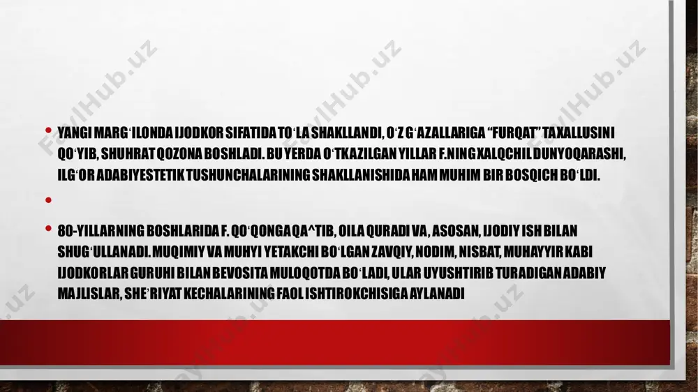 qini himoya qiladi, zulm va istibdodni qatʼiy qoralaydi. • xuddi shu yillarda “xammomi xayol” risolasini yozadi. “chor darvesh” hikoyatini forschadan tarjima qiladi. “nuh manzar” nomli sheʼriy kitob yaratadi. “bulardin boʻlak har xil gʻazaliyotim fargʻona muzofotigʻa (yaʼni, yonatrof qishloqshaharlariga) va digar mamlakatlargamuntashir (mashhur) boʻldi”, deb yozadi shoir. xuddi shu yillarda f. ilk bor sheʼrlarini toʻplab, majmua holiga ham keltirgan. afsuski, shoirningoʻzi qayd etgan risola, manzuma va tarjimalari kabi bu majmua ham shu kunga qadar topilgan emas. • istanbuldan bulgʻoriya va yunonistonga oʻtdi. bolqon yarim orolining qator shaharlarida boʻldi. 1892 yilning martida istanbuldan oʻrta dengiz orqali arabistonga — makka, jidda, madina shaharlariga bordi. makkadagi haj ziyorati munosabati bilan “hajnoma” asarini yaratdi. soʻng bombayga keldi, hindistonning qator viloyatlariga sayohat qildi. uning bu davrda yozgan nasriy va nazmiy maktublarida tushkunlik, onayurt sogʻinchi va iztiroblari aks etgan. “adashganman” radifli hamda “kashmirda”, “bulbul” deb nomlanuvchi lirik sheʼrlar turkumi shu jihatdan oʻziga xos hijronnomadir. 1893 yil martida …