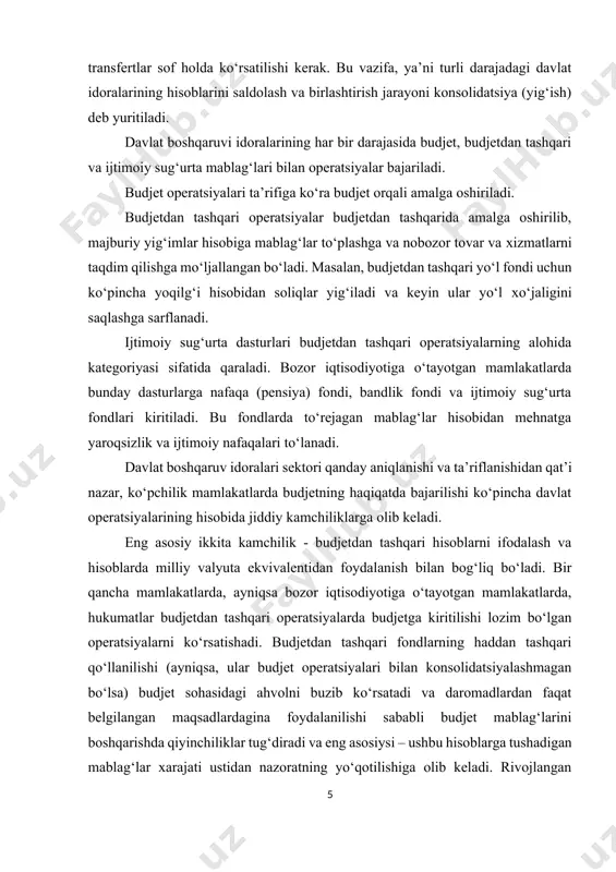 og‘liq bo‘ladi. bir qancha mamlakatlarda, ayniqsa bozor iqtisodiyotiga o‘tayotgan mamlakatlarda, hukumatlar budjetdan tashqari operatsiyalarda budjetga kiritilishi lozim bo‘lgan operatsiyalarni ko‘rsatishadi. budjetdan tashqari fondlarning haddan tashqari qo‘llanilishi (ayniqsa, ular budjet operatsiyalari bilan konsolidatsiyalashmagan bo‘lsa) budjet sohasidagi ahvolni buzib ko‘rsatadi va daromadlardan faqat belgilangan maqsadlardagina foydalanilishi sababli budjet mablag‘larini boshqarishda qiyinchiliklar tug‘diradi va eng asosiysi – ushbu hisoblarga tushadigan mablag‘lar xarajati ustidan nazoratning yo‘qotilishiga olib keladi. rivojlangan mamlakatlar tajribasida budjetdan tashqari hisoblardan foydalanish faqat ikki holatda, ya’ni trast fondlari (unda nodavlat tizimlarining mablag‘lari joylashtirilgan bo‘lsa) va bo‘nak yoki oraliq hisoblari (kelgusi to‘lovlar uchun mablag‘lar joylashtirilgan bo‘lsa) sifatida foydalangandagina asoslangan bo‘ladi. ushbu muammoni hal qilish uchun ko‘pchilik mamlakatlarda budjetdan tashqari hisoblarni yaratish o‘rniga budjet doirasida alohida hisoblar tuzishadi. bu esa o‘z navbatida hukumat tomonidan bunday hisoblar bo‘yicha zarur nazorat va hisobotlarni tashkil qilish va tekshirishlarni olib borishga imkon beradi. bozor iqtisodiyotiga o‘tayotgan ko‘pchilik mamlakatlarda milliy valyutadagi ekvivalent hisoblari budjet holatini buzib ko‘rsatilishiga olib …