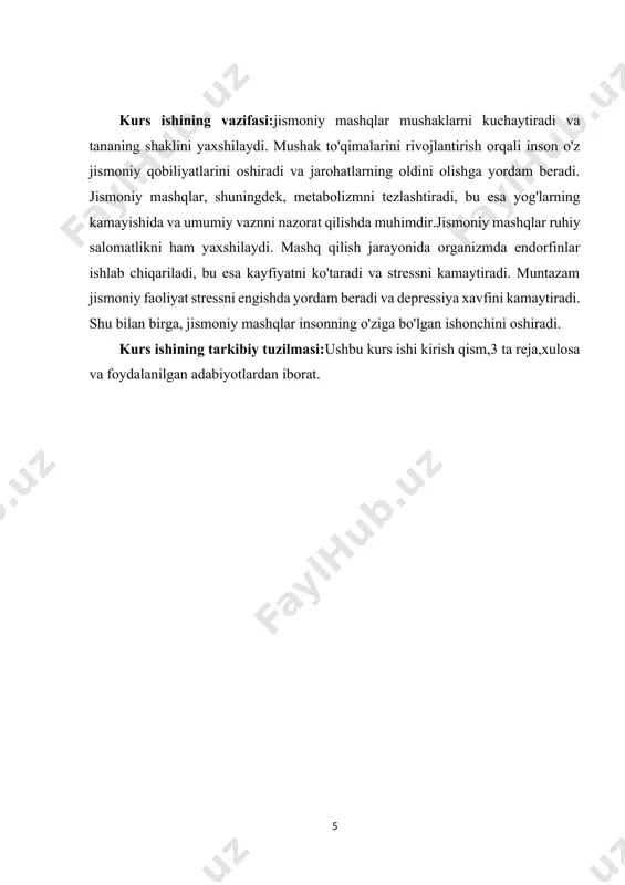 lab chiqish ham mumkin. mushak va suyak tizimining bu holati nafaqat umumiy jismoniy sog‘lomlikni ta’minlaydi, balki sport faoliyatida yuqori natijalar ko‘rsatish imkonini yaratadi.jismoniy mashqlar organizmni tashqi zararli ta’sirlardan himoya qilishga qodir bo‘ladi. mashqlar immun tizimining faoliyatini rag‘batlantiradi, bu esa organizmni kasalliklarga qarshi kurashishga tayyorlaydi. ularning muntazam bajarilishi xolesterin darajasini pasaytirish, qon bosimini normallashtirish va shakar miqdorini barqarorlashtirishga yordam beradi. shu tariqa, jismoniy mashqlar jismoniy rivojlanishning asosiy vositasi sifatida nafaqat sportchilar, balki oddiy insonlar uchun ham sog‘lom turmush tarzini yaratadi.bundan tashqari, jismoniy mashqlarning psixologik ta’siri ham muhimdir. jismoniy faollik endorfinlarning ishlab chiqarilishiga yordam beradi. endorfinlar "baxt gormonlari" sifatida tanilgan bo‘lib, ular insonning kayfiyatini yaxshilaydi, stressni kamaytiradi va ruhiy holatni barqarorlashtiradi. jismoniy mashqlar shuningdek, uyqusizlikni kamaytirishga va aqliy stressni engillashtirishga yordam beradi. ular insonning umumiy farovonligini yaxshilaydi va ongni ravshanlashtiradi.jismoniy mashqlar nafaqat individning salomatligini yaxshilash, balki ularning ijtimoiy faolligini ham oshiradi. jismoniy faoliyat orqali insonlar o‘zlarini yaxshi his qilishadi, bu esa ularning …
