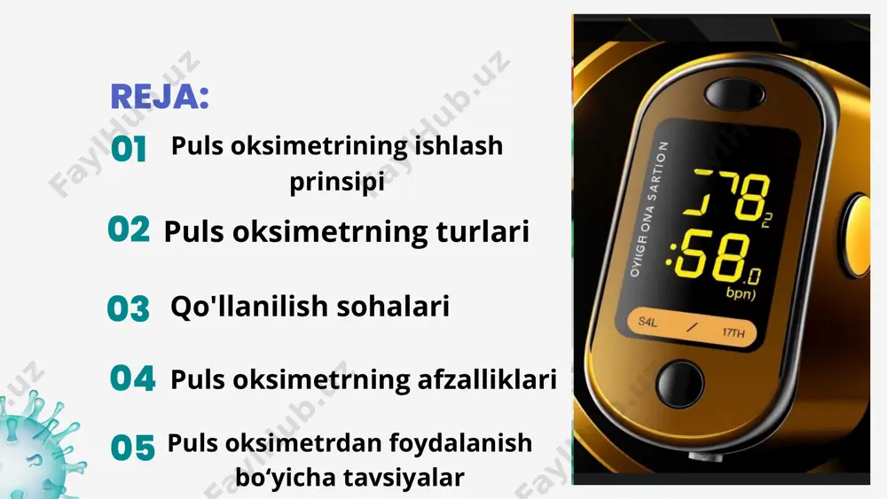 uy monitoringida keng qo'llaniladigan muhim vositadir. u nafas olish kasalliklari, yurak-qon tomir tizimi kasalliklari va operatsiyalar paytida bemorning kislorod ta'minotini kuzatishga yordam beradi. ammo ba'zi holatlarda (quyuq tirnoq bo'yoqlari, teri pigmentatsiyasi, gipotenziya) u noto‘g‘ri o‘lchov berishi mumkin, shuning uchun shifokorlar bu holatlarga e’tibor berishlari zarur. thanks!
