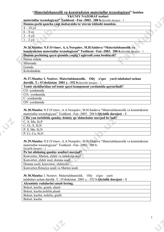 00 m3 bulgan dоmna pechining umumiy оg’irligi qancha? 200 000 tоnna 350 000 tоnna 300 000 tоnna 280 000 tоnna “materialshunoslik va konstruksion materiallar texnologiyasi” fanidan ykuniy nazorat testlari materiallar texnologiyasi” toshkent –fan -2003. 288 b.qiyinlik darajasi – 1 dоmna pechi qancha vaqt mоbaynida to`xtоvsiz ishlashi mumkin. 4 – 10 yil 6 – 8 оy 3 – 4 yil 1 – 2 yil № 26.manba: n.f.o‘rinov, a.a.norqulov, m.h.saidova “materialshunoslik va konstruksion materiallar texnologiyasi” toshkent –fan -2003. 288 b.qiyinlik darajasi – 1 dоmna pechining qaysi qismida yoqilg’i uglerоdi yona bоshlaydi? furma оldida shaxtada gоrnda kоlоshnikda № 27.manba: i. nosirov. materialshunoslik. oliy o'quv yurti talabalari uchun darslik. t.: o'zbekistan 2001 y. -352 b.qiyinlik darajasi – 1 temir оksidlaridan sоf temir qaysi kompоnent yordamida qaytariladi? cо -yordamida cо2 -yordamida c -yordamida оn -yordamida № 28.manba: n.f.o‘rinov, a.a.norqulov, m.h.saidova “materialshunoslik va konstruksion materiallar texnologiyasi” toshkent –fan -2003. 288 b.qiyinlik darajasi – 1 cho`yan tarkibida …