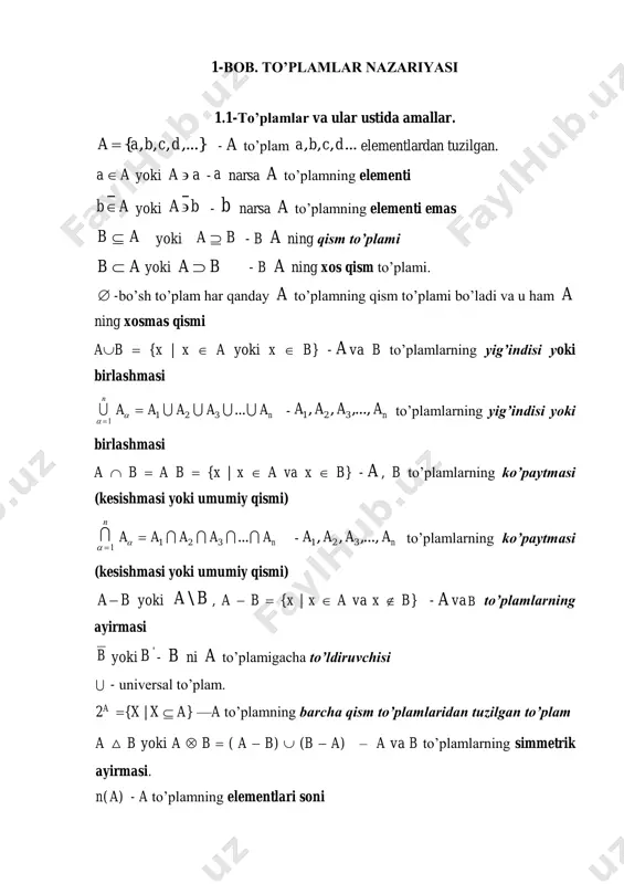 }}; 11) ; 4) {b}{a, b}; 8) {b}{a,{b}}; 12) ? 1.1.2. har bir to’plamning elementlar soni nechta: 1) 1, 2,3,1, 2,3; 4) ; 2) {1,{1},2,{1,{2,3}}, }; 5) ,; 3)  ; 6) ,? 1.1.3. agar a  b va a  a bo’lsa, quyidagilardan qaysi to’g’ri: 1) a  b ; 6) a  a  b ; 2) a  b ; 7) a  a  b ; 3) ab; 8) a  a; 4) a  a  b ; 9) a a; 5) a  a  b ; 10) a b ? 1.1.4. agar b  a  c, a  a va a  b bo’lsa, quyidagilardan qaysi to’g’ri: 1) a с ; 9) a  a с ; 2) a c ; 10) a a  c ; 3) a  a  b ; 11) a a  c ; 4) a …