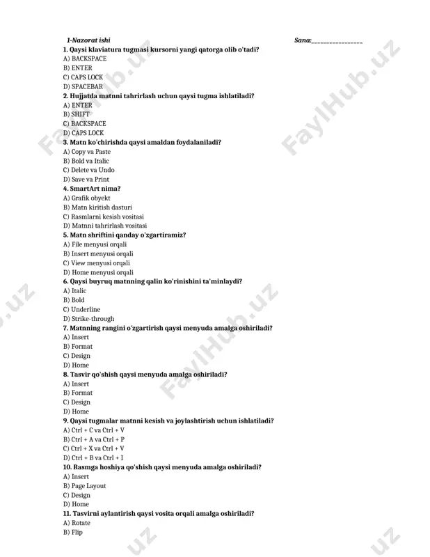 ) insert b) home c) page layout d) view 19. matnning o'lchamini o'zgartirish qaysi menyu orqali amalga oshiriladi? a) style b) paragraph c) font d) format 20. hujjatni chop etishdan avval qanday vositadan foydalaniladi? a) paste b) save c) copy d) print preview savol 1 2 3 4 5 6 7 8 9 10 javob savol 11 12 13 14 15 16 17 18 19 20 javob 2-nazorat ishi sana:_________________ 1. elektron jadval nima uchun ishlatiladi? a) matnlarni tahrirlash uchun b) raqamlar ustida hisob-kitoblarni amalga oshirish uchun c) internetda qidiruv uchun d) grafiklar yaratish uchun 2. excel dasturida katak manzili qanday ifodalanadi? a) ustun nomi va qator raqami b) faqat ustun nomi c) faqat qator raqami d) rang va raqam orqali 3. elektron jadvallarda formula qanday belgidan boshlanadi? a) % b) = c) + d) - 4. elektron jadvalda qaysi belgidan foydalanib qo‘shish amali bajariladi? a) - b) * c) …