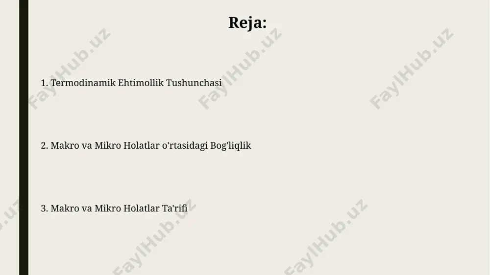 peratura, hajmini) tavsiflovchi holatdir, masalan, 10 kub metr hajmli xonadagi havo. misollar va amaliy qo'llanmalar termodinamik ehtimollikning amaliy qo'llanilishi, masalan, kimyoviy reaksiyalar kinetikasini o'rganishda, taxminan 300 k haroratdagi suv molekulalarining taqsimlanishini tahlil qilishda ko'rinadi. makroholatlar sonining 10²³ darajadagi kattaligi, masalan, 1 mol ideal gaz uchun, boltzmann konstantasi (k ≈ 1.38 × 10⁻²³ j/k) yordamida termodinamik ehtimollikni hisoblashda muhim rol o'ynaydi. makroholatlar va mikroholatlar o'rtasidagi bog'liqlik termik muvozanatdagi 100 gramm suvning 20°c haroratdagi makroholati, vodorod va kislorod atomlarining turli xil energiya darajalarida joylashgan kvadrillionlab mikroholatlar bilan ifodalanadi, bu esa boltzmann konstantasi orqali hisoblanishi mumkin. makroholat, masalan, 1 mol ideal gazning 273 k va 1 atm bosimdagi holati, juda ko'p sonli, taxminan 10²³ mikroholatlar yig'indisidan iborat bo'lib, ularning har biri gaz molekulalarining aniq holatini va energiyasini ifodalaydi. termodinamik ehtimollikni hisoblash usullari gibbs statistika mexanikasi yordamida, masalan, 300 k temperaturada 1 litr hajmli idishdagi vodorod gazining termodinamik ehtimolligini taqsimlash funksiyasi va partisiya funksiyasi …