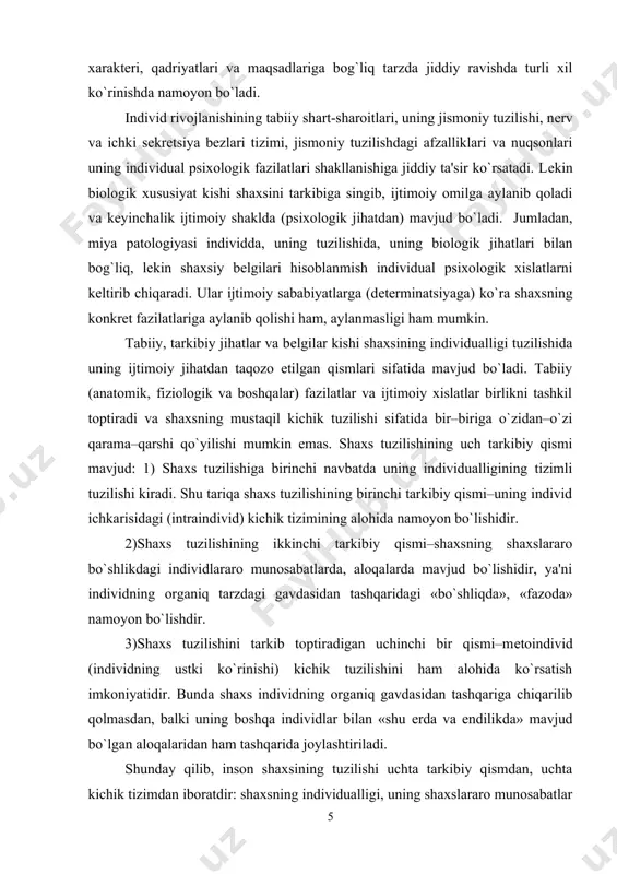 s tuzilishining uch tarkibiy qismi mavjud: 1) shaxs tuzilishiga birinchi navbatda uning individualligining tizimli tuzilishi kiradi. shu tariqa shaxs tuzilishining birinchi tarkibiy qismi–uning individ ichkarisidagi (intraindivid) kichik tizimining alohida namoyon bo`lishidir. 2)shaxs tuzilishining ikkinchi tarkibiy qismi–shaxsning shaxslararo bo`shlikdagi individlararo munosabatlarda, aloqalarda mavjud bo`lishidir, ya'ni individning organiq tarzdagi gavdasidan tashqaridagi «bo`shliqda», «fazoda» namoyon bo`lishdir. 3)shaxs tuzilishini tarkib toptiradigan uchinchi bir qismi–metoindivid (individning ustki ko`rinishi) kichik tuzilishini ham alohida ko`rsatish imkoniyatidir. bunda shaxs individning organiq gavdasidan tashqariga chiqarilib qolmasdan, balki uning boshqa individlar bilan «shu erda va endilikda» mavjud bo`lgan aloqalaridan ham tashqarida joylashtiriladi. shunday qilib, inson shaxsining tuzilishi uchta tarkibiy qismdan, uchta kichik tizimdan iboratdir: shaxsning individualligi, uning shaxslararo munosabatlar tizimida gavdalanishi hamda shaxsning o`zi kelib chiqishiga ko`ra individlararo, ijtimoiy aloqalar va munosabatlar sube'kti sifatida mavjud bo`lishidir. har uchchala kichik tuzilishi birligi shaxs obru–e'tiborida namoyon bo`ladi. individning shaxs darajasiga ko`tarilishi ehtiyoji konkret tarixiy shaklda mavjud bo`lib, sinfiy mazmunga egadir. jamiyatda yashayotgan …