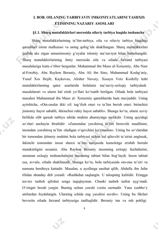 litidir. eringga tez-tez tanbeh qilishni senga taqiqlayman. chunki tanbeh nafrat uyg‘otadi. o‘zingni bezab yurgin. buning uchun yaxshi vosita surmadir. yana xushbo‘y atirlardan foydalangin. ularning ichida eng yaxshisi suvdir». uning bu fikrlari bevosita oilada farzand tarbiyasiga taalluqlidir. beruniy tan va ruh pokligi 8 masalasini ham o‘rtaga tashlaydi. oilada tozalik, poklik va tartiblilik mavjud ekan, u yerda ma’naviy poklik ham bo‘ladi. bu fikrni, tanani toza tutish bilangina cheklab bo‘lmaydi, balki ko‘p harakat qilishga chaqiradi. bu harakat mehnat qilish demakdir. uning qalb va harakat haqidagi fikri insonning tani bilan ruhi pokligini bir butunligi to‘g‘risidagi g‘oya bilan bog‘liqdir. bu narsa bola -tarbiyasi jismoniy sog‘lomlik bilan ma’naviy-axloqiy boylik o‘rtasidagi o‘zaro muvofiqlik haqidagi bugungi kun talabi bilan hamohangdir. beruniy ota-onalarga qarata bolaning mo‘tadillikda saqlashni tavsiya etadi. bunga asosan bolani qattiq g‘azablanishdan, qo‘rqish va xafalikdan, uyqusizlikdan saqlash orqali erishilishini aytib, ularni xohlagan va foydali narsasini topib berishga, sevmagan narsasidan uzoqlashtirishga harakat qilish kerakligini uqtiriladi. ota-onaning bolaga turli …
