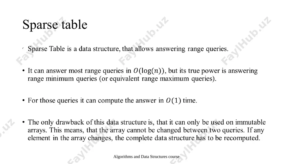 table creation because the range of length splits nicely into the ranges and , both of length , we can generate the table efficiently using dynamic programming: the function will depend on the type of query. for range sum queries it will compute the sum, for range minimum queries it will compute the minimum. the time complexity of the precomputation is . algorithms and data structures course sparse table range sum query: idea. for this type of queries, we want to find the sum of all values in a range. therefore the natural definition of the function is . to answer the sum query for the range , we iterate over all powers of two, starting from the biggest one. as soon as a power of two is smaller or equal to the length of the range , we process the first part of range , and continue with the …