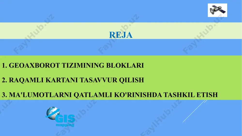uqtali, chiziqli va skanirli. nuqtali usulda planshet orqali ob'ektlarni raqamlash jarayoni digitalizatsiya (ingl. digit - raqam) deyiladi. qo'l bilan yoki chiziqli usulda digitalizatsiyalashda axborotlar dastlab saralanadi, turli plan, karta va chizmalar esa maxsus tayyorgarliksiz ishga qabul qilinadi. diskret turli kodlovchi moslama a4 dan to a0 formatli planshetlardan va “+” shaklli vizirli kattalashtiruvchi shishadan, qalam yoki ko'rsatkich shaklli tig'dan iborat bo'lib, kodlovchi mantiqiy qurilma bilan kabel orqali bog'langan. planshetning ishchi yuzasida perpendikulyar holda joylashgan mis simlardan iborat to'r shaklidagi o'tkazgichlar joylashgan. digitayzerlarni ishlash printsipi digitayzerning umumiy ko'rinishi qo'lda digitallash ishlari bajarilayotganda egri va to'g'ri chiziqlar opreator tomonidan alohida bosh nuqtasidan boshlab to oxirigacha yoki boshqa bir chiziq bilan tutashgan joyigacha chizib chiqiladi. boshqa chiziqlarni chizish uchun ko'rsatkich qo'lda yana qayta o'rnatiladi. avtomatik ravishda tasvirni o'qish esa, ya'ni tasvirni raqamli ko'rinishga keltirish elektron skanerli vositalar bilan bajariladi. bunday uskuna skaner deyiladi. skanerlar planshetli, rolikli va barabanli bo'ladi. qatorning kengligi atigi 5 mkm. …