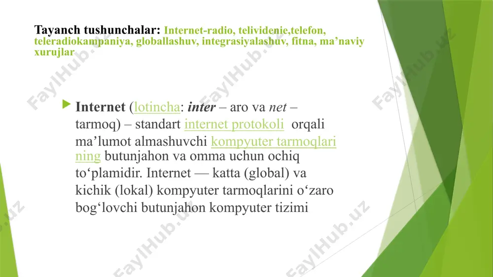 hda kundalik turmush, madaniyat va boshqa sohalarga mo’ljallangan texnik vositalarning o’zgarishi ro’y berdi. lokal va global kompyuter tarmoqlari ishlatila boshlandi. . davlatimiz rahbari tashabbusi bilan axborot texnologiyalari va kommunikatsiyalarini rivojlantirish vazirligi hamda birlashgan arab amirliklarining “dubai future foundation” jamg’armasi tomonidan amalga oshirilayotgan “bir million dasturchi” loyihasi yoshlarning axborot texnologiyalariga qiziqishini rag'batlantirishda muhim strategik qadam bo'ldi. o'tgan yili loyihaga 120 mingdan ziyod o'quvchi qamrab olindi. ularning 18 mingdan ortig'i kurslarni muvaffaqiyatli tugatib, sertifikat oldi. loyiha doirasida eng ko'p tahsil oluvchilar navoiy viloyati (36,6 ming), qoraqalpog'iston respublikasi (27,6 ming) va toshkent shahri (24,5 ming) hissasiga to'g'ri keladi. sirdaryo (4,3 ming) va jizzax (5,9 ming) viloyatlari esa, quyi pog'onalardan o'rin olgan. bu yil “bir million dasturchi” loyihasi doirasida bitiruvchilar salmog'i bo'yicha yuqori natija ko'rsatgan karmana tumanidagi 2-maktab va qo'ng'irot tumanidagi 39-maktab o'zbekiston respublikasi prezidenti sovg'asi — “spark” avtomashinasi bilan taqdirlandi. «ommaviy madaniyat» tub mohiyatiga ko‘ra milliy madaniyatlarning kushandasidir. «ommaviy madaniyat» targ‘iboti eng avvalo …