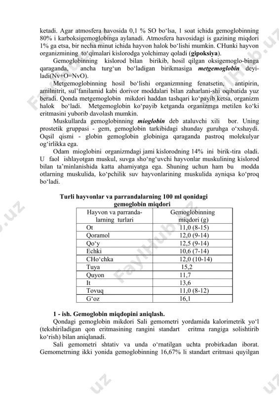 qilgan birikmasiga karbogemoglobin deyiladi (nv+so2=nvso2). gemoglobinning is gazi (so) bilan hosil qilgan birikmasiga karbok-sigemoglobin(nv+so=nvso) deyiladi, bu birikma organizm uchun juda xavflidir. gemoglobinning is gazi bilan birikib, hosil qilgan birikmasi ancha turg‘un bo‘lib, bunday vaqtda gemoglobin kislorod bilan birika olmaydi. nafas olayotgan havoda 0,07% is gazi bo‘lsa, hayvonning qoni tarkibi-dagi gemoglobinning 50% iga yaqini is gazi bilan birikadi. bu vaqtda hayvon hushidan ketadi. agar atmosfera havosida 0,1 % so bo‘lsa, 1 soat ichida gemoglobinning 80% i karboksigemoglobinga aylanadi. atmosfera havosidagi is gazining miqdori 1% ga etsa, bir necha minut ichida hayvon halok bo‘lishi mumkin. chunki hayvon organizmining to‘qimalari kislorodga yolchimay qoladi (gipoksiya). gemoglobinning kislorod bilan birikib, hosil qilgan oksigemoglo-binga qaraganda, ancha turg‘un bo‘ladigan birikmasiga metgemoglobin deyi-ladi(nv+o=nvo). metgemoglobinning hosil bo‘lishi organizmning fenatsetin, antipirin, amilnitrit, sul’fanilamid kabi dorivor moddalari bilan zaharlani-shi oqibatida yuz beradi. qonda metgemoglobin mikdori haddan tashqari ko‘payib ketsa, organizm halok bo‘ladi. metgemoglobin ko‘payib ketganda organizmga metilen ko‘ki eritmasini yuborib davolash …