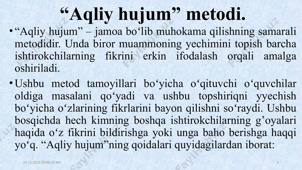 quv fani, mazmuni ustida bajariladigan joriy ishlari ma`ruzalarni konspektlash, darslik va oʻquv manbalari bilan ishlash, laboratoriya, amaliy, seminar mashg’ulotlari hamda nazorat topshiriqlarini yechishga tayyorgarlik koʻrish; - semestr davomida uy vazifalarining bajarilishi (mavzular boʻyicha referatlar tayyorlash, mustaqil ravishda berilgan mavzuga doir ma`lumotlar toʻplash va oʻrganish); - kurs ishlarini bajarish. 01.02.2022 12:30:12 15 ta`lim samaradorligini oshirishda ta`lim maqsadlari, metodlari, mazmuni, shakli, vositalari va jarayonlariga yangicha yondashuv asosida fanlarning integrallashuvi va sintezlashuvi ma`lum maqsadlarga yoʻnaltirilganligi uchun loyihalash metodiga tayanadi. loyiha metodi asosiy e`tiborni kasbni egallashda kerakli shaxsiy qobiliyatlarva koʻnikmalarni oʻrganishga qaratadi, loyiha, oʻrganish jarayonida nazariya bilanamaliyotni bog’lashi, oʻquvchilar tomonidan mustaqil rejalashtirila oladigan, mehnatni tashkil etishga va amalga oshirishga yordam beradigan boʻlmog’i lozim. loyihausulining asosiy maqsadi topshiriqni bajarish uchun kerakli barcha bilim va koʻnikmalar jarayon davomida oʻrganilishi darkor, bunda oʻquvchilar berilgan topshiriqni bajarishdavazifalarni oʻzaro taqsimlab, loyiha guruhi sifatida mustaqil ravishda rejalashtirishdan boshlab to amalga oshirish va xulosa chiqarishga qadar birgalikda ishlashadi. 01.02.2022 12:30:12 16 …