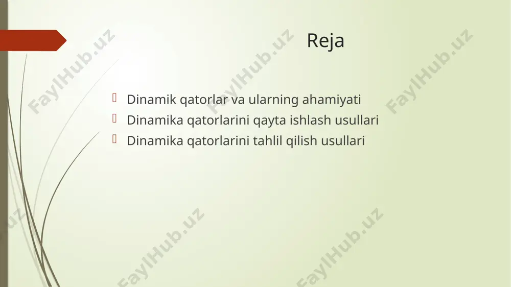 qayta ishlash usullari. dinamika qatorlarinmi qayta ishlash usullari bo’lib quyidagilar hisoblanadi: qatorlarni yagona asosga keltirish va ulash (tutashtirish usuli) davrlarni kattalashtirish (davrlar oralig’ini kengaytirish usuli) sirg’anchiq o’rtacha tekkilsash usuli qatorlarni analitik tekkislash usuli davrlarni kattalashtirish usuli — dinamik qatorlarda ma’lumotlarning vaqt oraliqlarini (masalan, oylik ma’lumotlarni yillik yoki kunlik ma’lumotlarni oylik) kattaroq vaqt davriga birlashtirish usulidir. bu usul dinamik qatorni soddalashtirish, tahlil qilishni osonlashtirish yoki umumiy tendensiyani aniqlash uchun ishlatiladi. qatorlarni yagona asosga keltirish va ulash usuli — statistik tahlil jarayonida bir xil birliklarda o‘lchangan va bir xil vaqt oralig‘ida aniqlangan ma'lumotlar qatorini hosil qilish uchun qo‘llaniladi. ushbu usul ma'lumotlarning mosligini ta'minlash va ulardan samarali foydalanishga imkon beradi. sirg‘anchiq o‘rtacha tekkislash usuli (smoothing) — vaqt qatorlarini tahlil qilish va tebranishlarni tekislash uchun ishlatiladigan statistik usul. ushbu usul asosiy tendensiyalarni aniqlash va tasodifiy tebranishlarni kamaytirish uchun ma’lumotlarni qayta ishlashda keng qo‘llaniladi. sirg‘anchiq o‘rtacha usulda ma’lumotlarning har bir qismini belgilangan vaqt oralig‘idagi o‘rtacha …