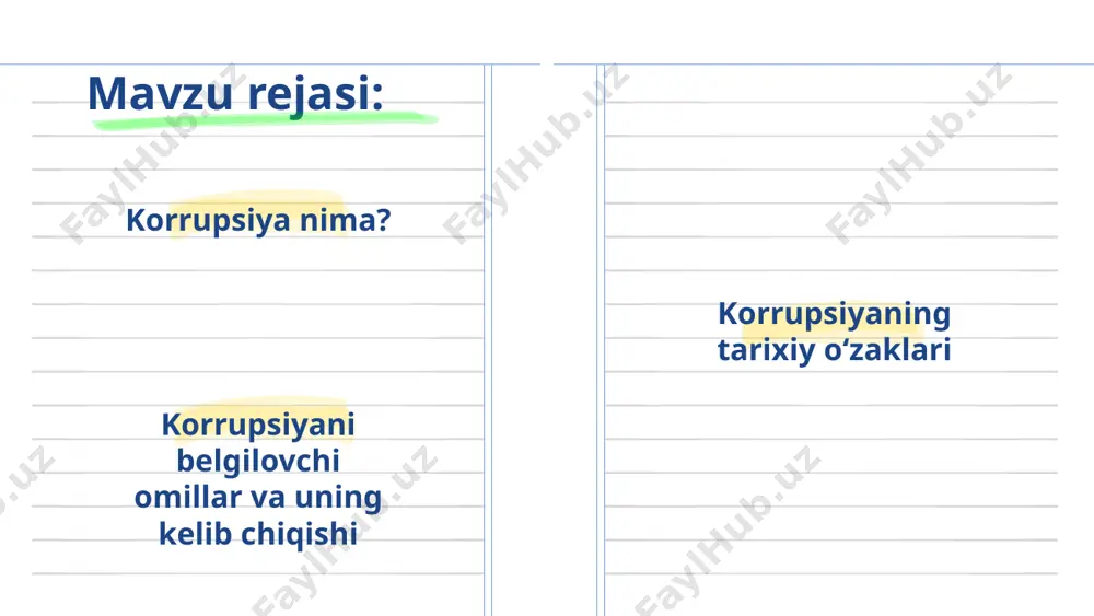 huvi korrupsiyaning davlat rivojlanishiga katta to‘siq ekanligini ko‘rsatdi. korrupsiyaga qarshi kurashgan birinchi davlat sifatida qadimgi shumer davlati tan olinadi. korrupsiya qadimgi davlatlarni ayniqsa huquqni muhofaza qiluvchi organlarning poraxo‘rligi qattiq tashvishga solganligi bizgacha saqlanib qolgan manbalardan ma’lum. chunki bu holat davlatning obro‘siga juda qattiq putur yetkazardi. dunyoning yetakchi dinlarida ham birinchi navbatdanavbatda huquqni muhofaza qiluvchi organlarning poraxo‘rligi qattiq qoralanadi. korrupsiya korrupsiyani belgilovchi omillar va uning kelib chiqishi mamlakatimizda korruptsiyaga olib keladigan uchta asosiy sabablari, ya’ni iqtisodiy, institutsional va ijtimoiy sabablar buyicha tushuncha berildi.korrupsiya bir nechta turlari mavjud: maishiy korrupsiya – asosan mansabdor shaxslar va davlat xizmatchilarining kundalik ish faoliyatida fuqarolar bilan munosabatlarida keng tarqalgan. ishbilarmonlik korrupsiyasi – hokimiyat vakillarining tadbirkorlik sub’ektlari bilan munosabatlarida uchraydi. oliy hokimiyat organlari korrupsiyasi – siyosiy hukmron doiralar hamda odil sudlov tizimi faoliyatida uchraydi. korrupsiya turlari korrupsiyaviy jinoyatlarning sodir etilishiga sharoit yaratuvchi omillar bu illat ustidan tashkiliy-boshqaruv va ijtimoiy nazorat yetarli emasligi hisoblanadi. ularga quyidagilar kiradi: – …