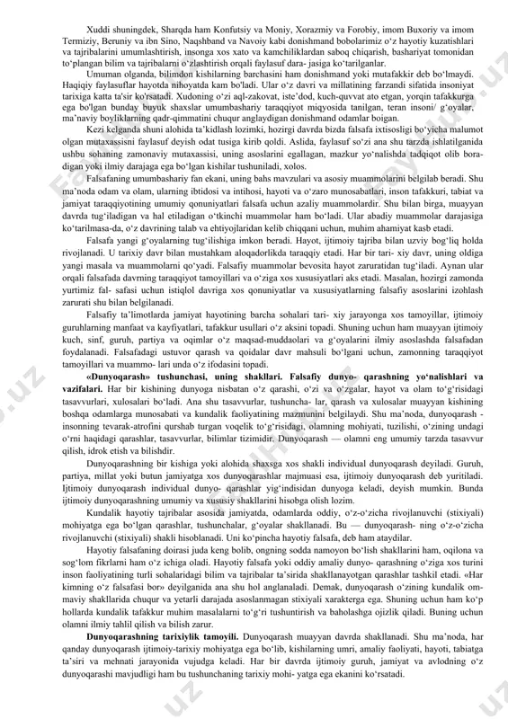 ulozimlarning tafakkur tarzini ifodalagan. bu fan bilan ko‘proq aslzodalar shug‘ullangan, uning asosan ular uchun tushunarli bo‘lgan muayyan tushunchalari va atamalari, o‘ziga xos fikrlash uslublari va bayon qilish tili ham shakllangan. falsafiy bilimlar rivoji uzluksiz jarayon bo‘lib, u insoniyatning tafakkur bobida ilgari erishgan yutuqlarni tanqidiy baholashni taqozo etadi. biroq bu — ularni tamoman rad etish, ko‘r-ko‘rona tanqid qilish lozim degani emas, balki ularga xos barcha xato va kamchiliklarni anglab, yaxshi va ijobiy jihatlaridan foydalanish demakdir. ana shunday tanqidiy yondashuv va vorislik falsafaning muhim xususiyatlaridan biridir. bu fanning oldiga qo‘yilgan vazifalarga va uning hayotdagi o‘rniga qarab, ijtimoiy taraqqiyotning turli davrlarida unga bo‘lgan munosabat ham o‘zgarib borgan. bu munosabatlar dastlabki fanlar paydo bo‘lib va ularning ba’zilari falsafadan ajralib, alohida mustaqil fan sohasiga aylana boshlagan davrlardayoq shakllana boshlagan. falsafaning ijtimoiy ong tizimida tutgan o‘rni, jamiyat va shaxs hayotidagi ahamiyati nimadan iborat, degan masala hamma davrlarda ham dolzarb bo‘lgan. ayniqsa, tarixiy taraqqiyotning tub burilish davrlarida …