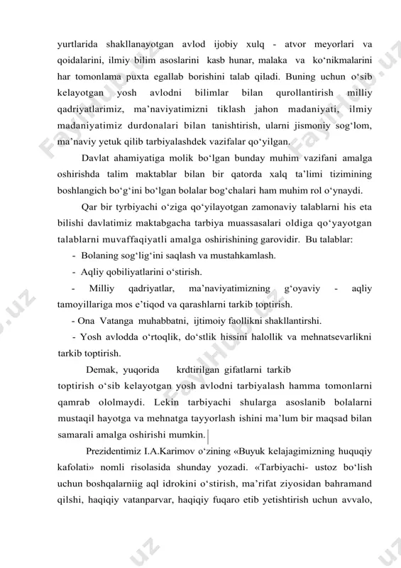 sh uchun avvalo, tarbiyachining о‘zi ana shunday yuksak talablarga javob berishi ana shunday buyuk fazilatlarga ega bо‘lishi kerak» demak, bola shaxsini shakllantirishda tarbiyachi aloxida ahamiyat kasb etadi. ayniqsa, uning har bir bolaning shaxs sifatida shakllanishida javobgarligini taqozo etadi. shunga kura -tarbiyachi bolalarga kundalik hayotda о‘yinlarga, mashg‘ulotlarga, birgalikda mehnat faoliyatida, ular bilan bо‘ladigan muomalada, muloqotda ibrat, namuna bо‘lishi, bolani har tomonlama diqqat bilan о‘rganishi, uning shahsiy xusutiyatlari, qobiliyatlarini bilishi, pedagogik nazokotini namoyon qilishi, bolalarning xulq-atvori, ish natijalarini haqqoniy baholash va ularga о‘z vaqtida yordam kо‘rsata olish hamda oilaviy ahvoli bilan qiziqishi zarur hisoblanadi. tarbiyachi va uning shaxsi haqida mutafakkirlarimiz kо‘plab fikrlar bildirishgan. bu о‘rinda navoiyning «inson zebi ziynati bilim va odobidir. bularni shogirdlarga singdirolgan ustozlargina chinakkam ustozlardir» - degan hikmatli sо‘zlarini eslab о‘tish kifoyadir. adabiyotlar ro`yxati 1. о‘zbekiston respublikasi konstitutiyasi. t.,о‘zbekiston. 1992. 2. о‘zbekiston respublikasining qonuni «ta’lim tо‘g‘risida», 3. karimov i.a. yuksak ma’naviyat-yengilmas kuch. t. “ma’naviyat” 2008 y. 4. karimov i. …