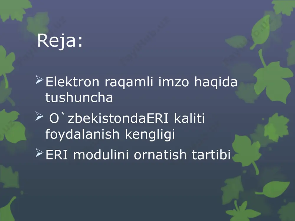 borot o‘zaro hamkorligi sub’ektlarining elektron raqamli imzo kalitlarini boshqarish tizimini yaratish. o`zbekistonda eri kaliti foydalanish kengligi o‘zbekiston respublikasining 2017 yil 11 sentyabrdagi o‘rq-445-sonli “jismoniy va yuridik shaxslarning murojaatlari to‘g‘risida”, gi qonuniga asosan elektron raqamli imzo elektron hujjatni imzolagan shaxsni identifikatsiyalash uchun mo‘ljallangan bo‘lib, qo‘lda qo‘yilgan imzoning to‘kis analogi hisoblanadi hamda elektron hujjatda aks ettirilgan axborotning o‘zgartirilmasligi va avtorlikni tasdiqlash uchun qo‘llaniladi. shuningdek, “jismoniy va yuridik shaxslarning murojaatlari to‘g‘risida”gi o‘zbekiston respublikasi qonunlariga muvofiq, elektron raqamli imzo bilan tasdiqlanmagan murojaatlar anonim murojaatlar deb hisoblanadi. 2-rasm. yagona interaktiv davlat xizmatlardan foydalanib elektron raqamli imzoni olish eri kalitni qanday olish mumkin? elektron raqamli imzo kalitlarini ro‘yxatga olish va elektron raqamli imzo kaliti sertifikatlarini berish o‘zbekiston respublikasi vazirlar mahkamasining 2018-yil 10-maydagi 348-sonli qarori asosida o‘zbekiston respublikasi davlat soliq qo‘mitasi huzuridagi “yangi texnologiyalar” ilmiy-axborot markazi tomonidan davlat xizmatlari markazlari orqali amalga oshiriladi. elektron raqamli imzo kaliti sertifikatlarini olish uchun belgilangan tartibda so‘rovnoma to‘ldiriladi. so‘rovnomani davlat xizmatlari …