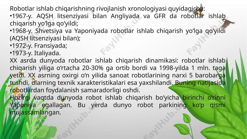 sobga olgan holda takrorlash uchun qo‘llaniladi. ekzoskeletlar ko‘pincha bir necha o‘nlik harakat erkinligiga ega bo‘ladi. takrorlovchi robotlar singari ikki tomonlama nazorat tizimlari orqali boshqariladi. mexanikada erkinlik darajasi — bu tizim yoki jismlarning muhitdagi vaziyati va ularning mustaqil harakatlanish (aylanish) koordinatlari to‘plamidir. ekzoskelet «hal 9000» ichidagi inson. inson tomonidan boshqarish pulti orqali boshqariladigan robotlar. pultda, klavishlar yoki dastaklar tizimi va axborotni ko‘rsatish vositalari mavjud. robot uchun harakatga da’vat inson tomonidan boshqarish pultidan ijrochi yuritmalar tizimi orqali beriladi. yarimavtomatik robotlarda qo‘l yordamida va avtomatik boshqarish birgalikda olib boriladi. bunday robotlar sun’iy intellekt qo‘llanishi maqsadga muvofiq bo‘lmaganda yoki mumkin bo‘lmaganda ishlatiladi. nazorat boshqaruviga ega robotlar ham yarim avtomatik robotlarga tegishli: qachonki, operator robotga qo‘shimcha ma’lumot to‘g‘risida habar berib, uning harakatlariga aralashganda (masalan, kerakli harakatlar ketma-ketligini ko‘rsatib, maqsadli belgidan foydalangan holda). avtonom (yoki avtomatik) boshqariladigan robotlar robotlarning keying muhim sinfi – bu avtonom yoki avtomatik boshqariladigan robotlardir. bunday robotlar maxsus ravishda sozlangandan keyin inson …