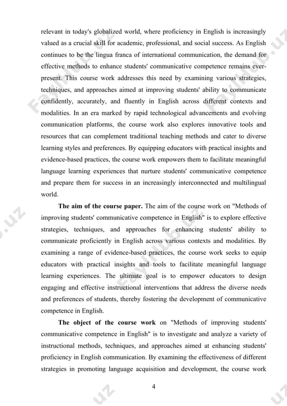 lly, the course work emphasizes the integration of technology and digital resources to enhance language learning experiences. educators gain practical knowledge of utilizing digital tools, online platforms, and multimedia resources to create engaging and interactive language learning environments that facilitate authentic communication and skill development. furthermore, the practical value extends beyond the classroom, as educators can apply the knowledge and skills gained from the course work to design professional development programs, curriculum enhancements, and educational initiatives aimed at improving english language education at institutional and systemic levels. overall, the practical value of the course work lies in its ability to empower educators with the knowledge, skills, and resources needed to effectively support students in their journey towards achieving communicative competence in english, thereby enhancing their academic, professional, and personal success in a globalized world. the structure of the course paper is the following: introduction, two chapters, conclusion, bibliography. main body …