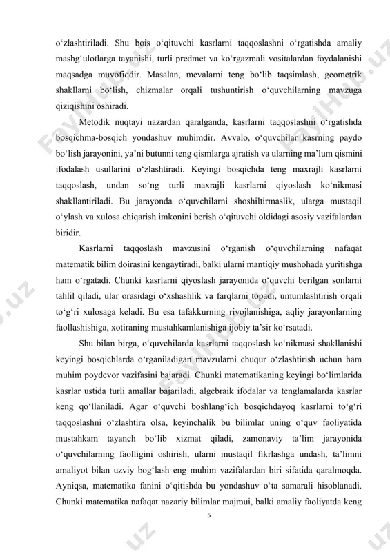 bo‘lib xizmat qiladi, zamonaviy ta’lim jarayonida o‘quvchilarning faolligini oshirish, ularni mustaqil fikrlashga undash, ta’limni amaliyot bilan uzviy bog‘lash eng muhim vazifalardan biri sifatida qaralmoqda. ayniqsa, matematika fanini o‘qitishda bu yondashuv o‘ta samarali hisoblanadi. chunki matematika nafaqat nazariy bilimlar majmui, balki amaliy faoliyatda keng qo‘llaniladigan vositadir. shuning uchun kasrlarni taqqoslash mavzusini interfaol metodlar yordamida o‘rgatish, amaliy mashqlar bilan boyitish, zamonaviy texnologiyalarni qo‘llash ta’lim samaradorligini sezilarli darajada oshiradi. kasrlarni taqqoslash mavzusi bo‘yicha olib borilgan tadqiqotlarda ko‘plab metodik tavsiyalar ishlab chiqilgan bo‘lsa-da, har bir o‘qituvchi bu jarayonda ijodkorlik bilan yondashishi, sinfdagi o‘quvchilar qiziqishi va tayyorgarlik darajasini hisobga olishi zarur. chunki bir xil metod barcha o‘quvchilar uchun birday samarali bo‘lmasligi mumkin. shu bois metodik yondashuvlarni tanlashda differensial va individual yondashuv asosiy mezon bo‘lib xizmat qiladi. boshlang‘ich ta’lim jarayonida matematika o‘qitish o‘ziga xos xususiyatlarga ega. bu davrda bolalarda tasavvur kuchli bo‘lganligi sababli, mavzularni ko‘rgazmali vositalar orqali o‘rgatish samarali natija beradi. ayniqsa, kasrlarni taqqoslash mavzusida rangli …