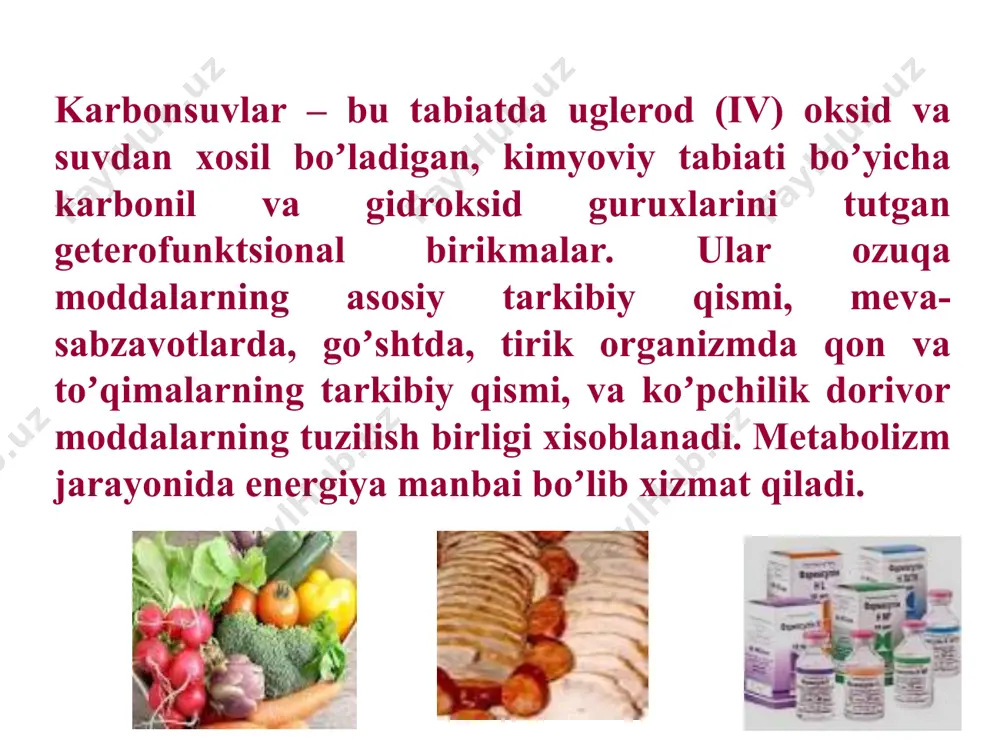 rametil-o-metil d-galaktopiranoza 2,3,4,6tetrametil o-metil d-galaktopiranozid * murakkab efirlar hosil bo’lishi л-2,3,4,6-тетр ас -d-глюкопираноза метил-2,3,4,6-тетра-о-метил-d- d-glyukopiranoza 1,2,3,4,6-penta-o-atsetil- d- glyukopiranoza murakkab efirlar hosil bo’lishi monosaxaridlar yoki saxarozalari yoki boshqalarga ta'sir qilganda asiklik shakllarining atsillovchi moddalar, monozalar- ning efirlari hosil bo'ladi, kislotalarning angidridlari. d-glyukopiranoza 1,2,3,4,6-pentaatsetal-d-glyukopiranoza monosaxaridlarning fosfoefirlari -d -d-глюкопираноза- 1- фосфат d-glyukopiranoza-6-fosfat α-d- glyukopiranoza-1-fosfat α-d- glyukopirano- za-1,6-difosfat monosaxaridlarning hosilalari aminosaxaridlar β -d-glyukoza β -d-glyukozamin n-atsetil-β -d-glyukozamin neyramin kislota neyramin kislota ochiq zanjirli shakli neyramin kislota halqali shakli neyramin kislota va uning hosilalari neyramin kislotaning n- va о –atsetilhosilalari sial kislotalari deyiladi. ular suvda yaxshi eriydigan va organik erituvchilarda yomon eriydigan rangsiz kristall moddalar bo’lib, qon va to’qimalarning spetsifik tarkibiy qismi hisoblanadi, miyaning gangliozidlari tarkibida bo’lib, neyromediatorlik vazifasini bajaradi. masalan, n- atsetilneyramin kislota pirouzum va n-atsetil-d-mannozaminning aldol kondensatsiyasidan hosil bo’ladi. sial kislotalar сн-kislotali markaz pirouzum kislota aldol kondensatsiya n-аtsetil-d-mannozamin n- аtsetilneyramin kislota askorbin kislota– l-gulon kislotaning -laktoni tautomeriya o choн – ch2oh o oh …